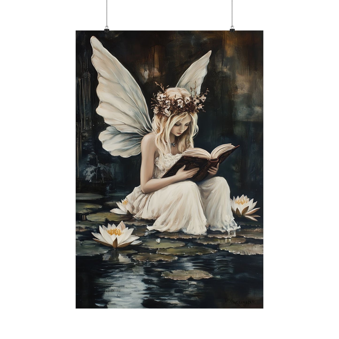 Fairy Reading Wall Art Print - Whimsical Dark Fantasy Poster - Magical Fairycore Painting - Whimsigoth Decor - Bookish Fairy Wall Art