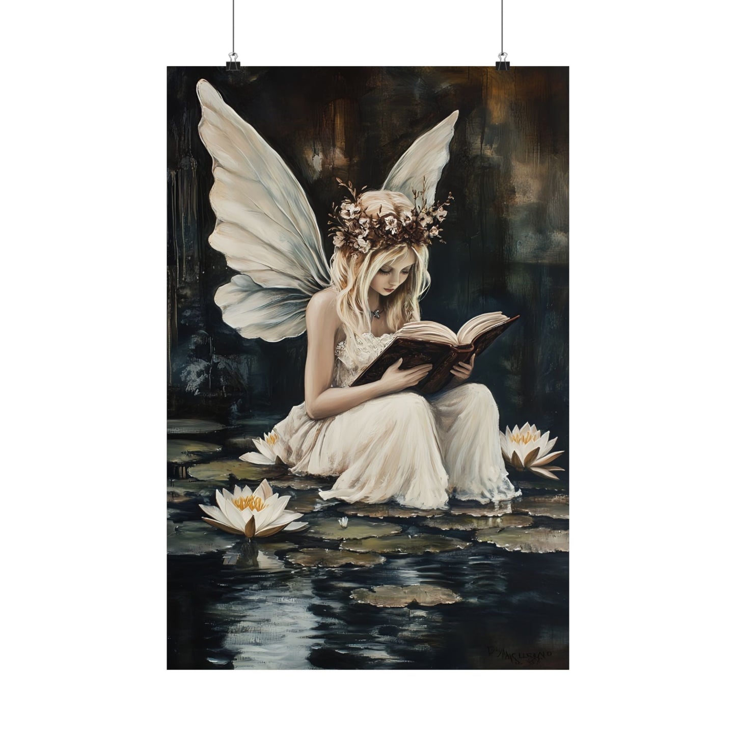 Fairy Reading Wall Art Print - Whimsical Dark Fantasy Poster - Magical Fairycore Painting - Whimsigoth Decor - Bookish Fairy Wall Art