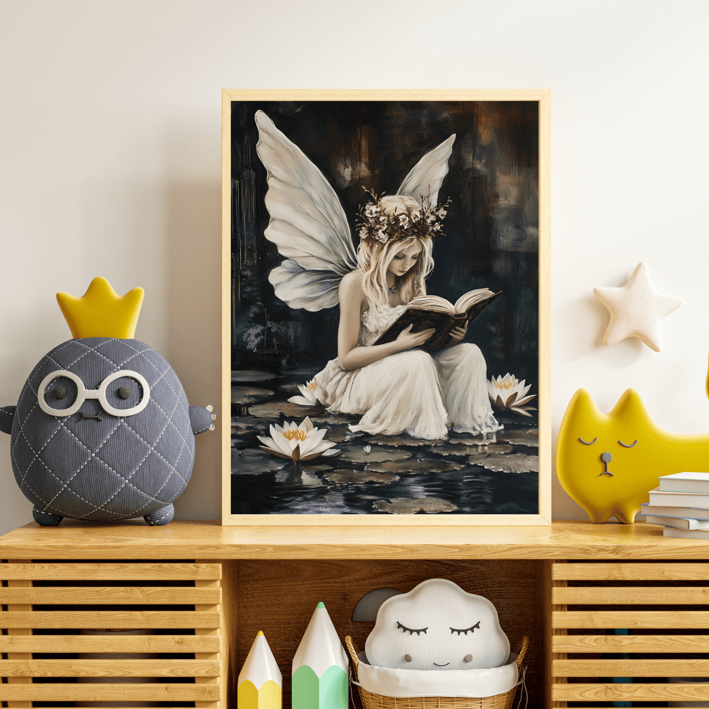 Fairy Reading Wall Art Print - Whimsical Dark Fantasy Poster - Magical Fairycore Painting - Whimsigoth Decor - Bookish Fairy Wall Art