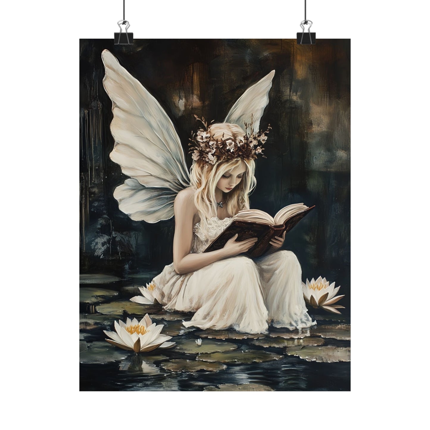 Fairy Reading Wall Art Print - Whimsical Dark Fantasy Poster - Magical Fairycore Painting - Whimsigoth Decor - Bookish Fairy Wall Art