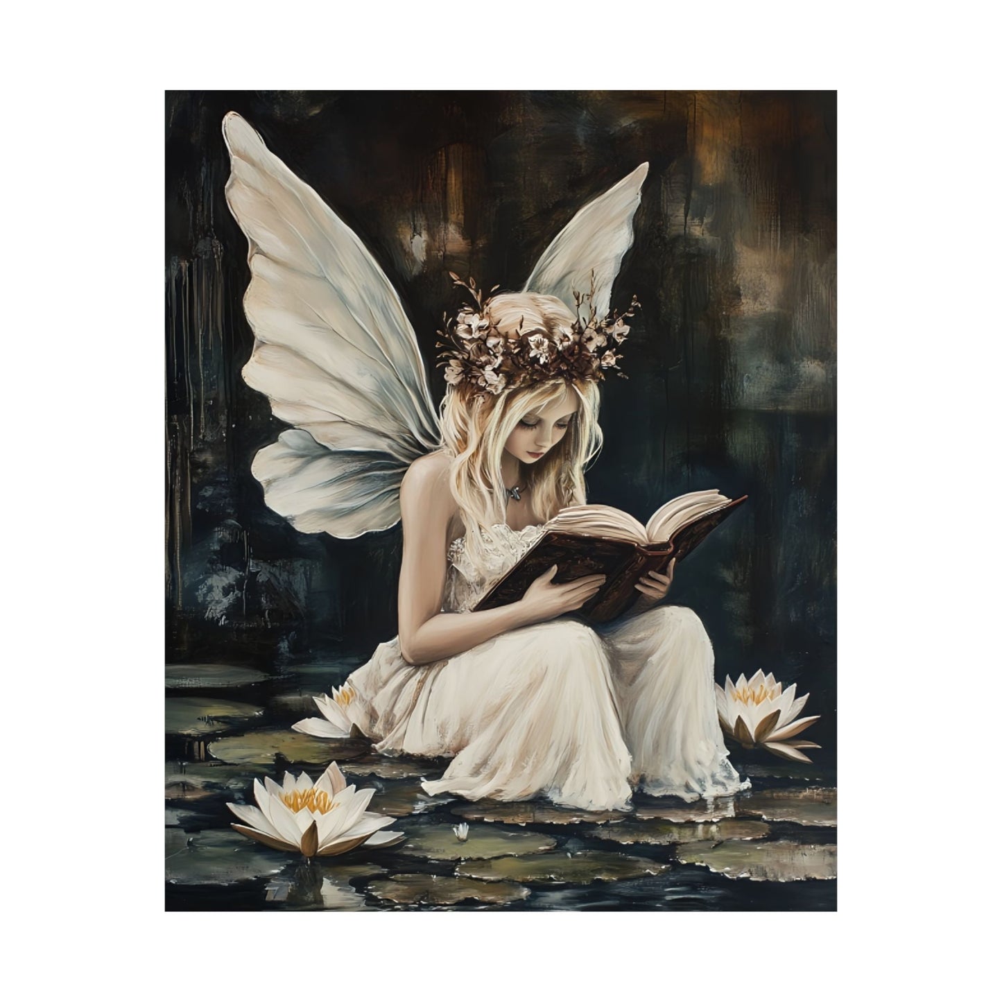 Fairy Reading Wall Art Print - Whimsical Dark Fantasy Poster - Magical Fairycore Painting - Whimsigoth Decor - Bookish Fairy Wall Art