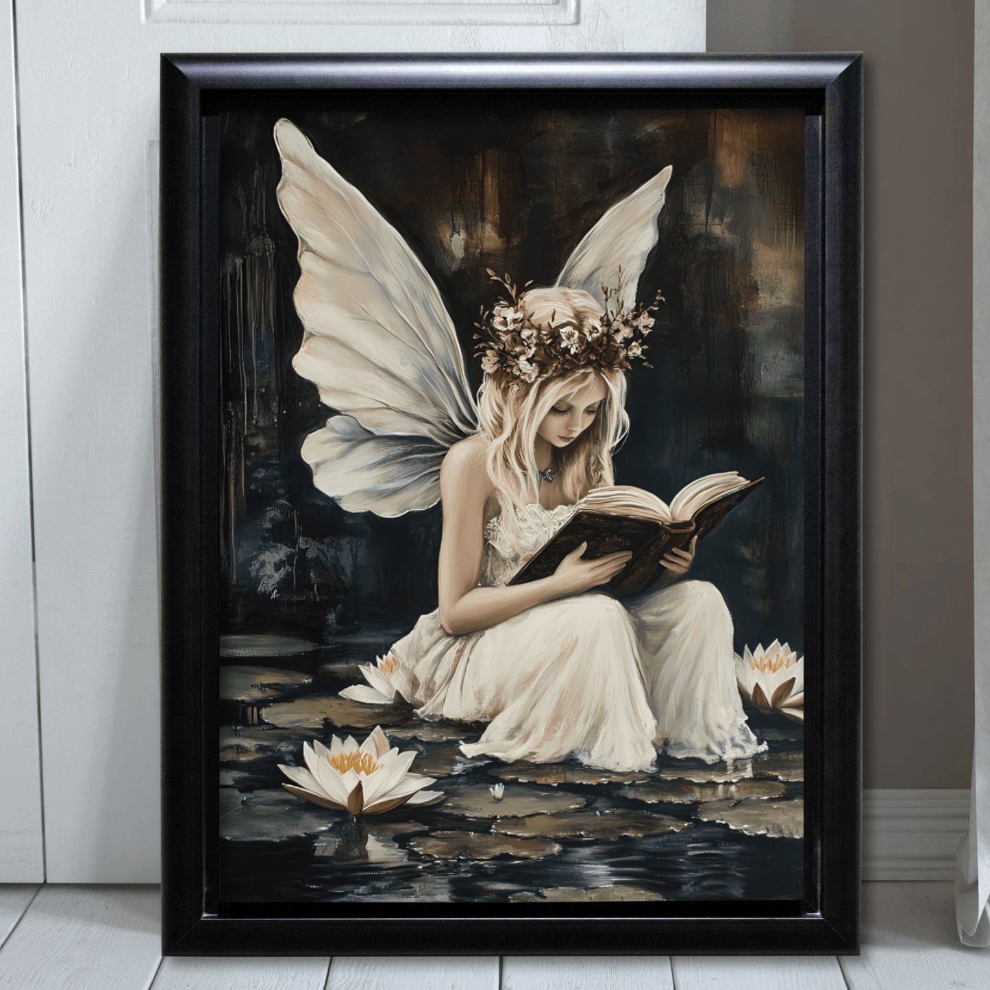 Fairy Reading Wall Art Print - Whimsical Dark Fantasy Poster - Magical Fairycore Painting - Whimsigoth Decor - Bookish Fairy Wall Art
