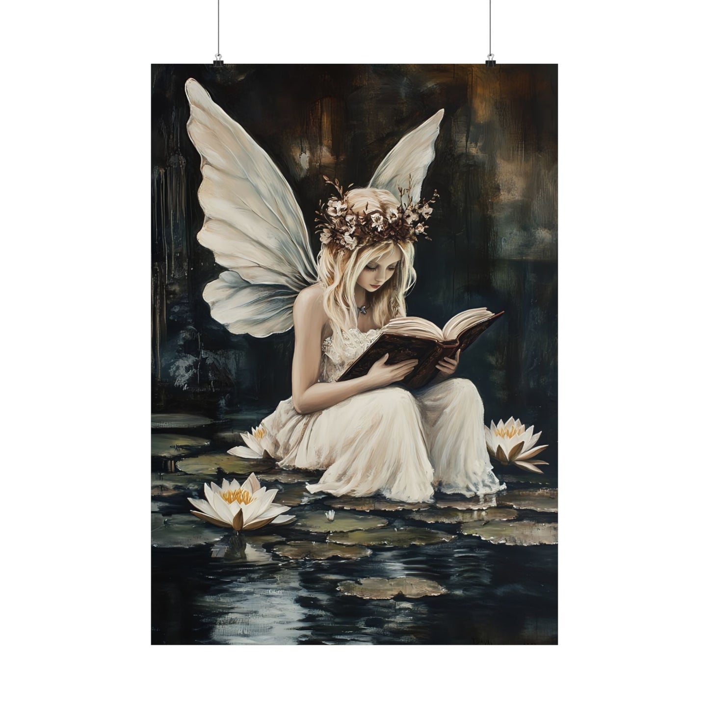 Fairy Reading Wall Art Print - Whimsical Dark Fantasy Poster - Magical Fairycore Painting - Whimsigoth Decor - Bookish Fairy Wall Art