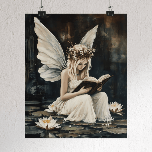 Fairy Reading Wall Art Print - Whimsical Dark Fantasy Poster - Magical Fairycore Painting - Whimsigoth Decor - Bookish Fairy Wall Art