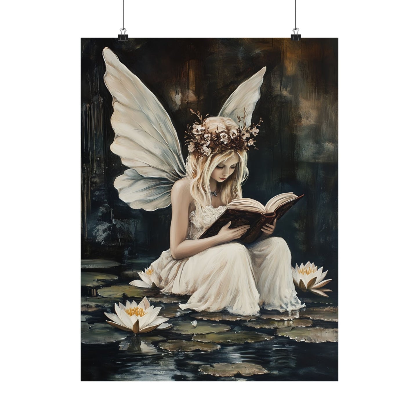 Fairy Reading Wall Art Print - Whimsical Dark Fantasy Poster - Magical Fairycore Painting - Whimsigoth Decor - Bookish Fairy Wall Art