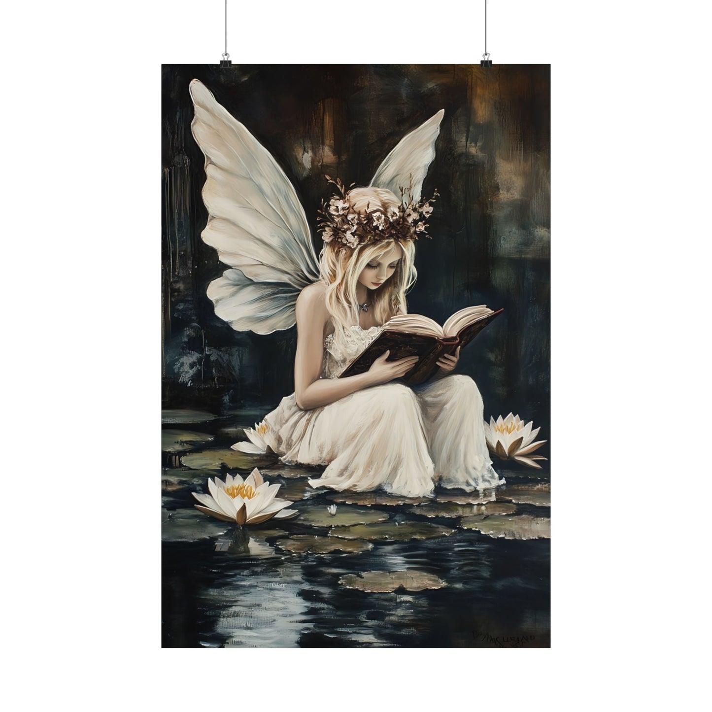 Fairy Reading Wall Art Print - Whimsical Dark Fantasy Poster - Magical Fairycore Painting - Whimsigoth Decor - Bookish Fairy Wall Art