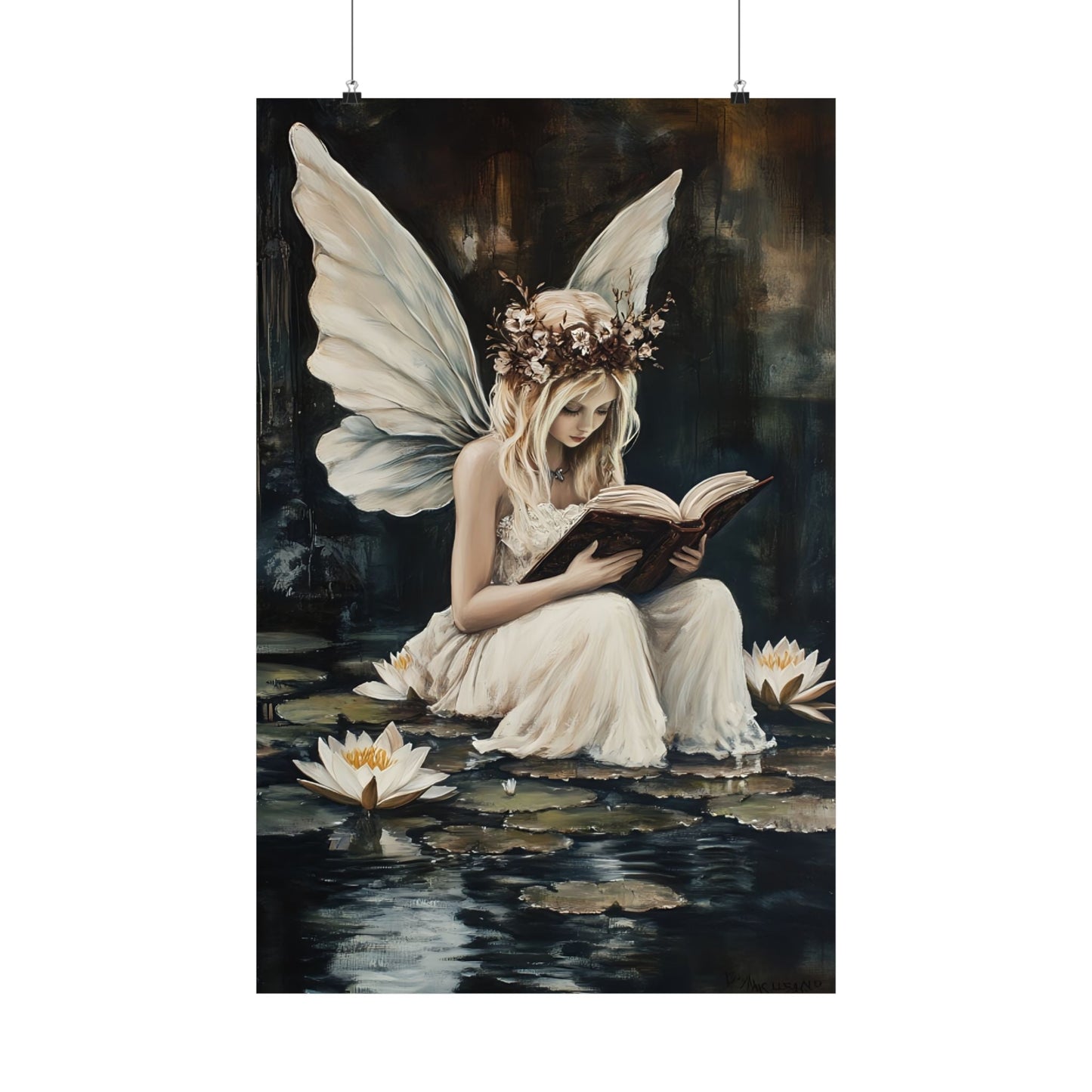 Fairy Reading Wall Art Print - Whimsical Dark Fantasy Poster - Magical Fairycore Painting - Whimsigoth Decor - Bookish Fairy Wall Art
