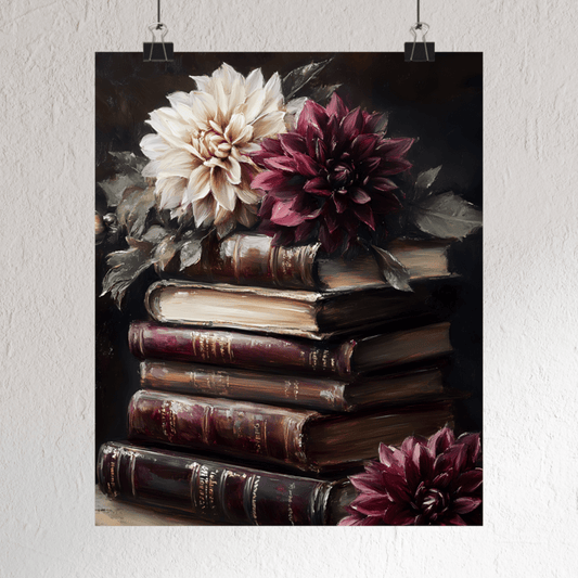 Floral Dark Academia Wall Art, Moody Bookish Print, Vintage Dahlia Flower Poster, Library Painting