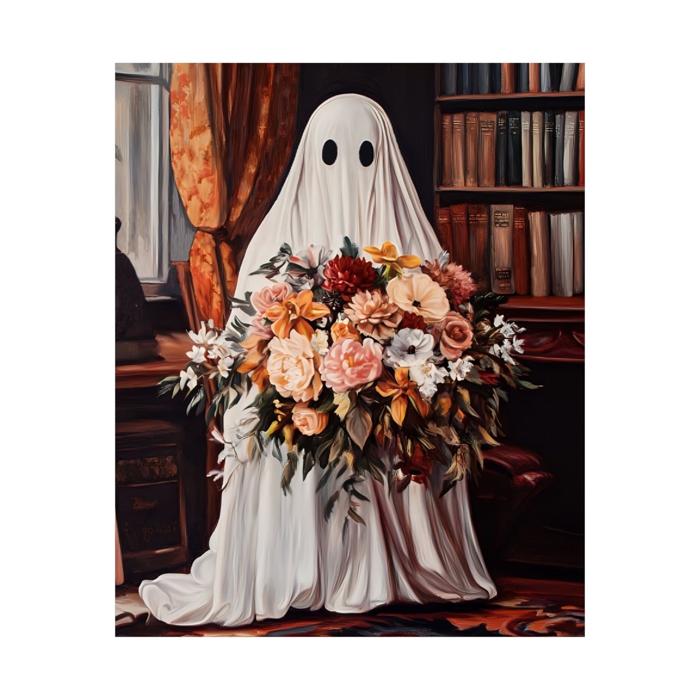 Floral Ghost Painting - Vintage Halloween Wall Art Print - Cute and Spooky Dark Academia Poster