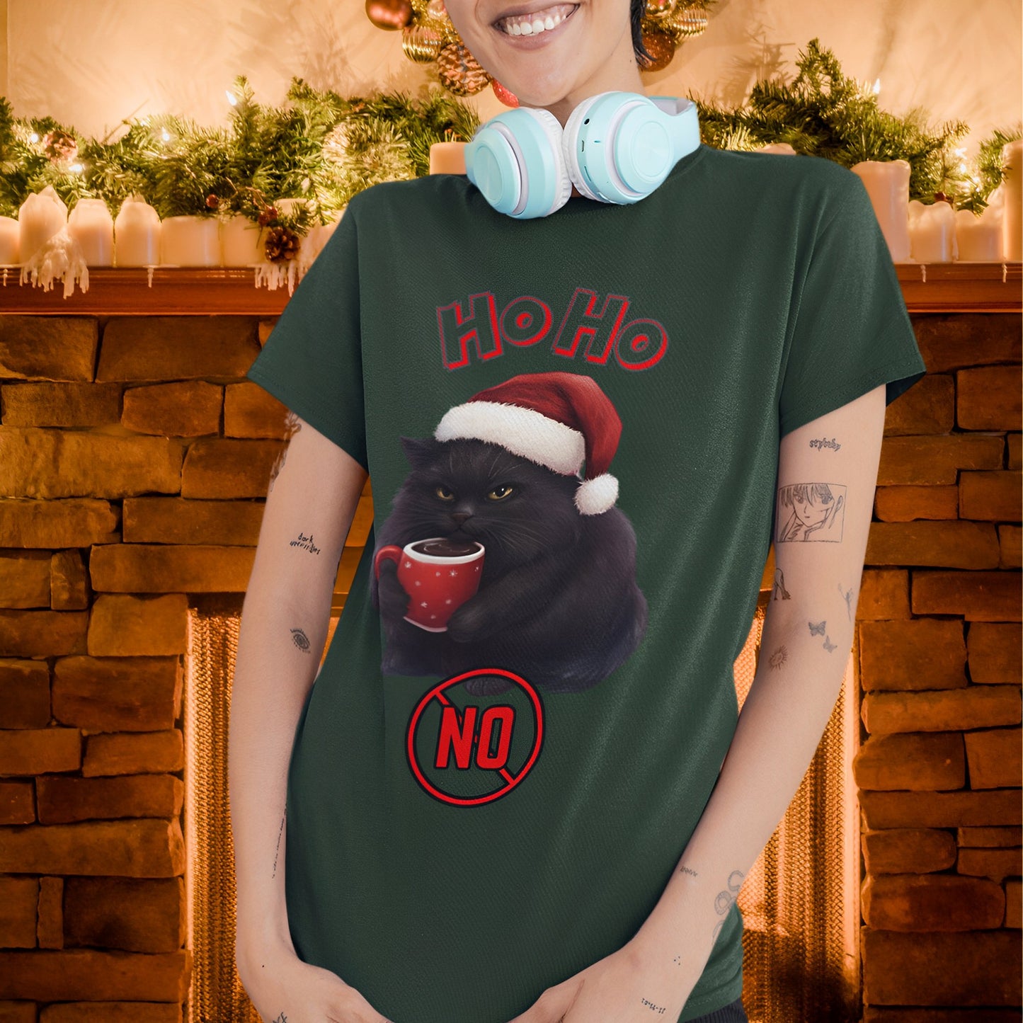 Funny Black Cat Christmas T-Shirt for Coffee Lovers - Ho Ho No - Boo and Bewear