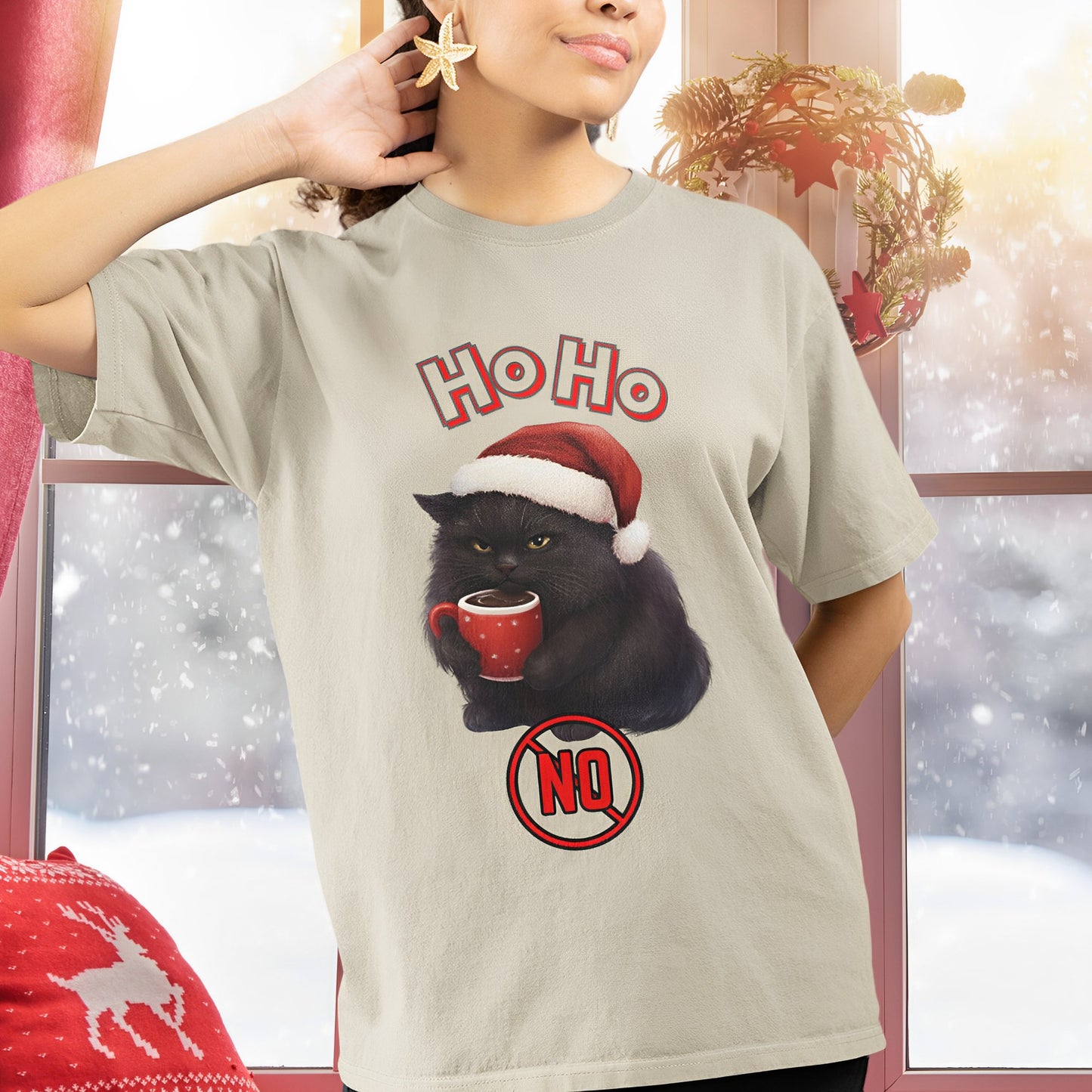 Funny Black Cat Christmas T-Shirt for Coffee Lovers - Ho Ho No - Boo and Bewear