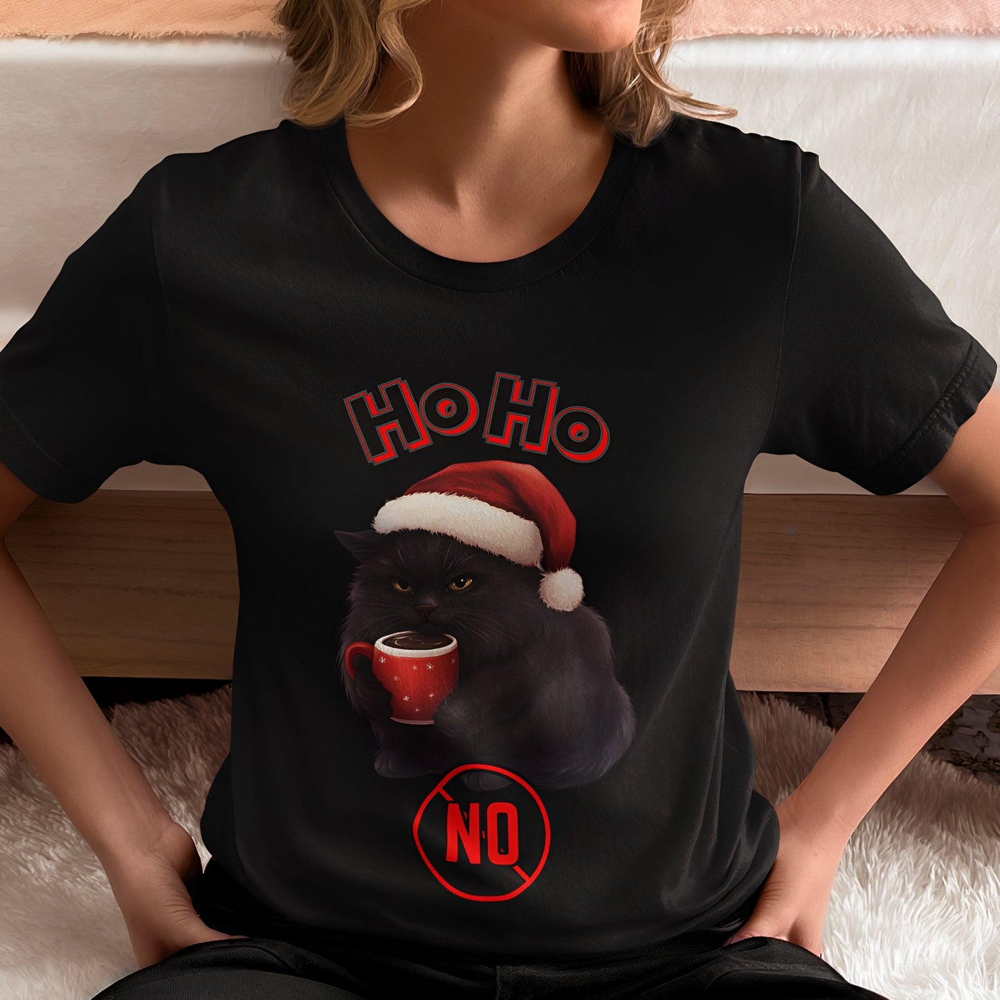 Funny Black Cat Christmas T-Shirt for Coffee Lovers - Ho Ho No - Boo and Bewear