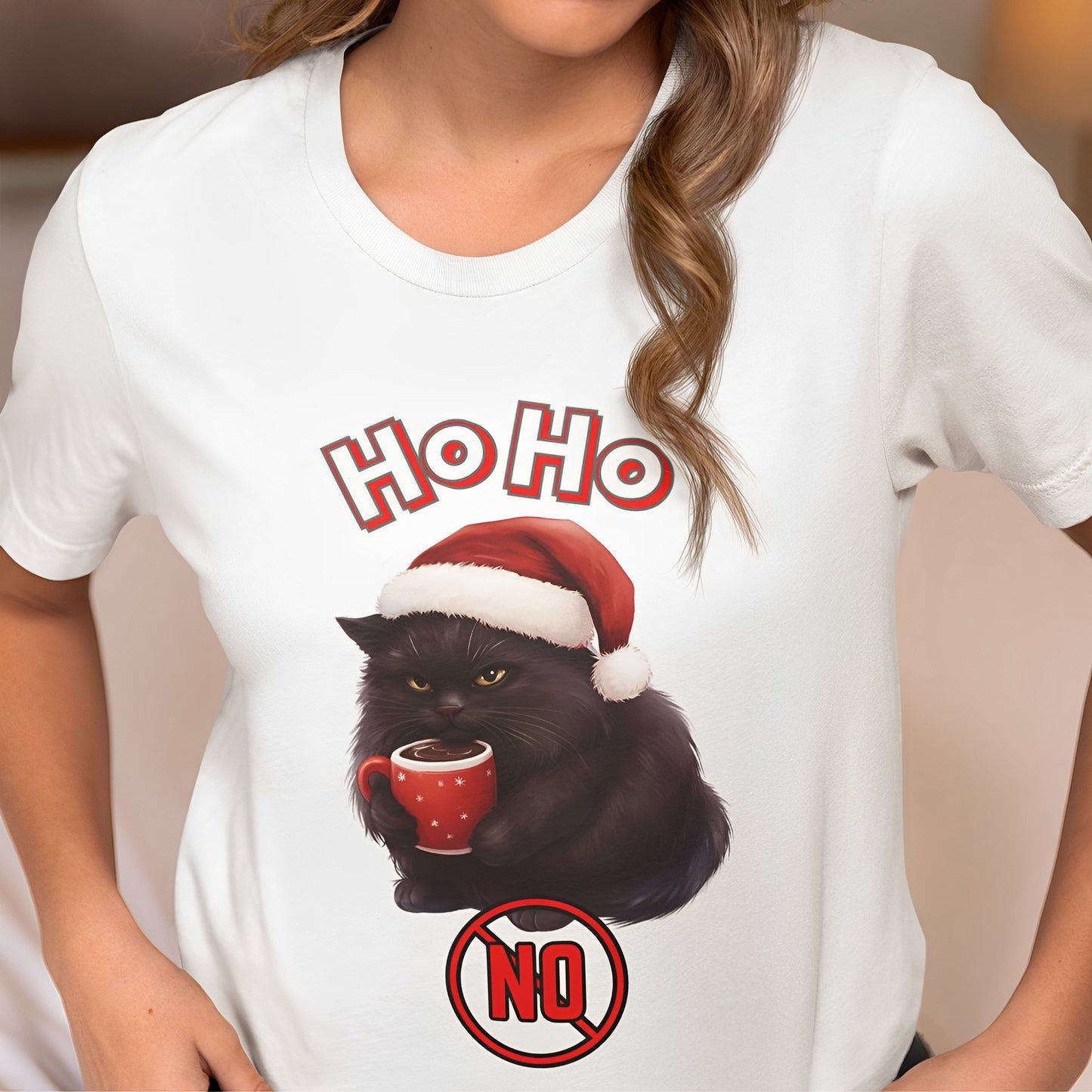 Funny Black Cat Christmas T-Shirt for Coffee Lovers - Ho Ho No - Boo and Bewear