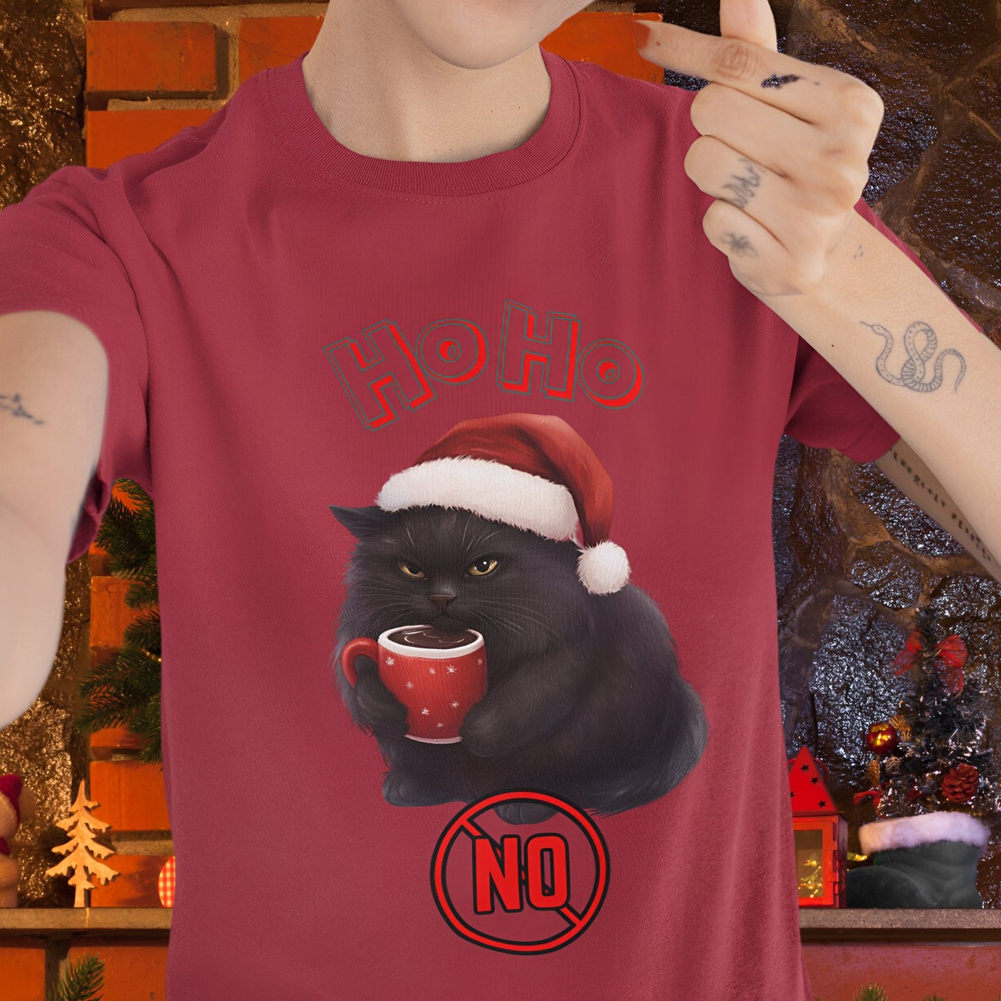 Funny Black Cat Christmas T-Shirt for Coffee Lovers - Ho Ho No - Boo and Bewear