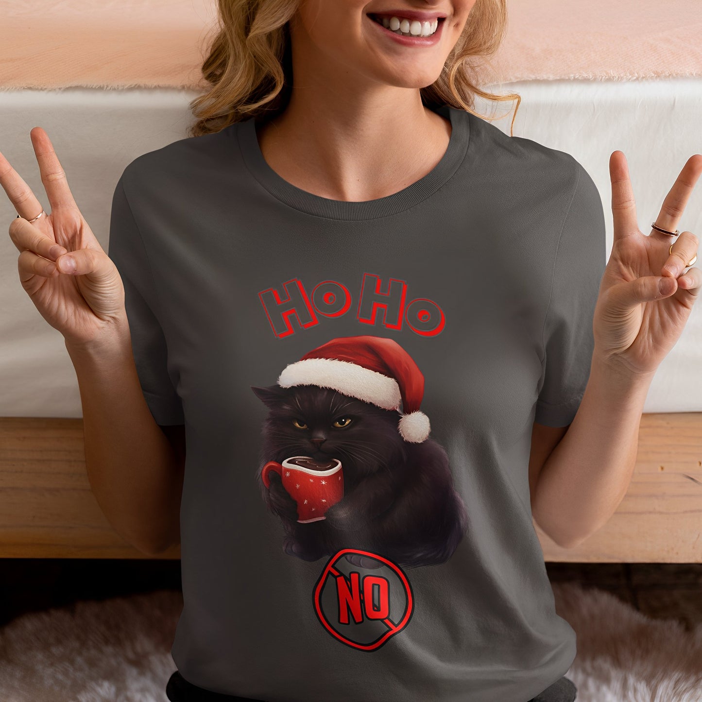 Funny Black Cat Christmas T-Shirt for Coffee Lovers - Ho Ho No - Boo and Bewear