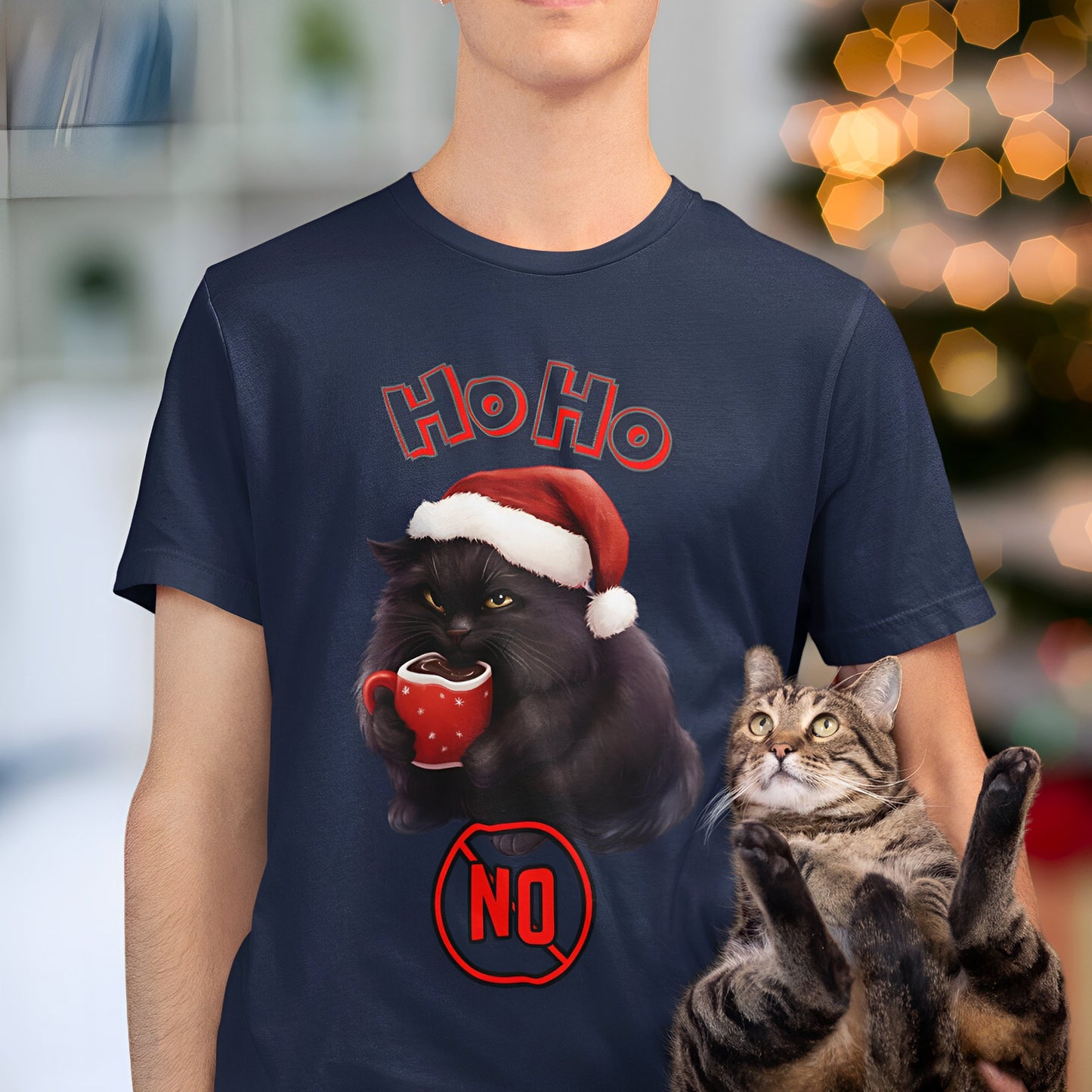 Funny Black Cat Christmas T-Shirt for Coffee Lovers - Ho Ho No - Boo and Bewear