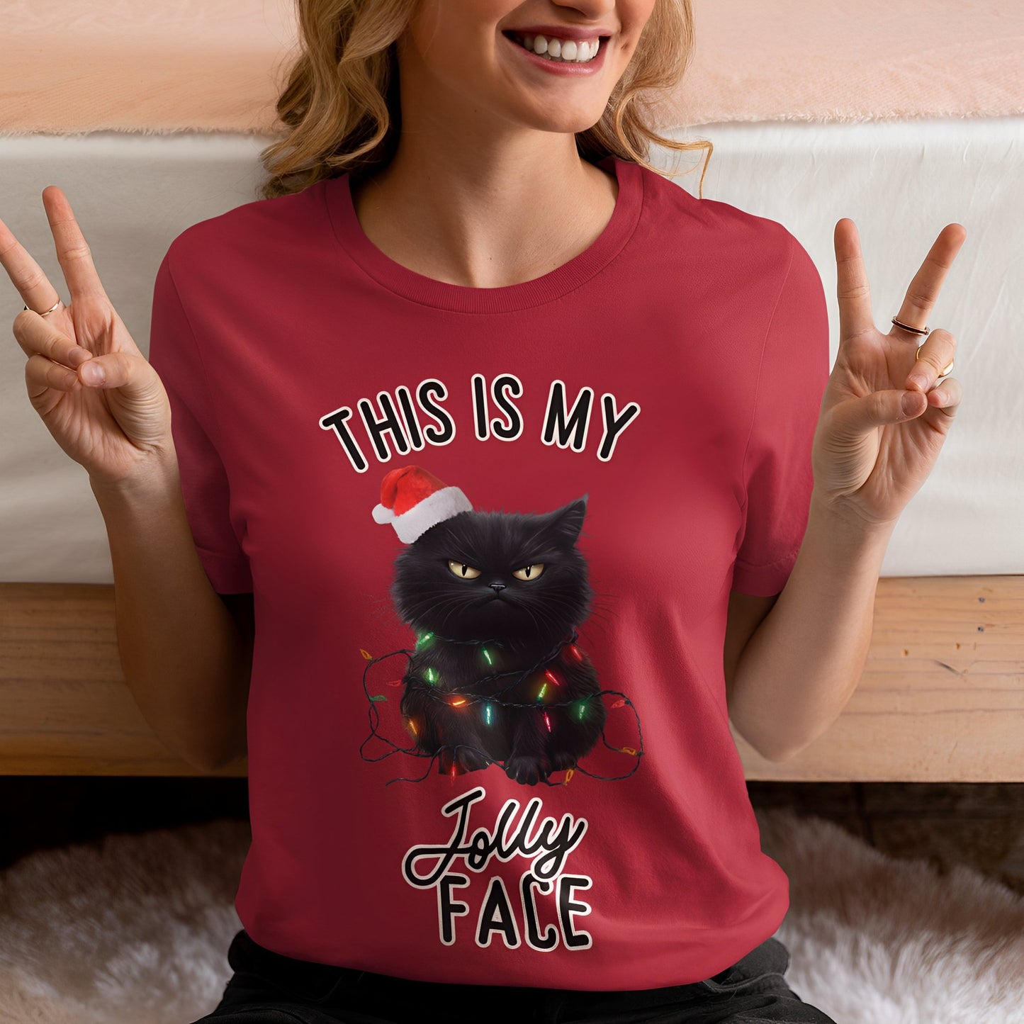 Funny Black Cat Christmas T-Shirt - This Is My Jolly Face - Boo and Bewear
