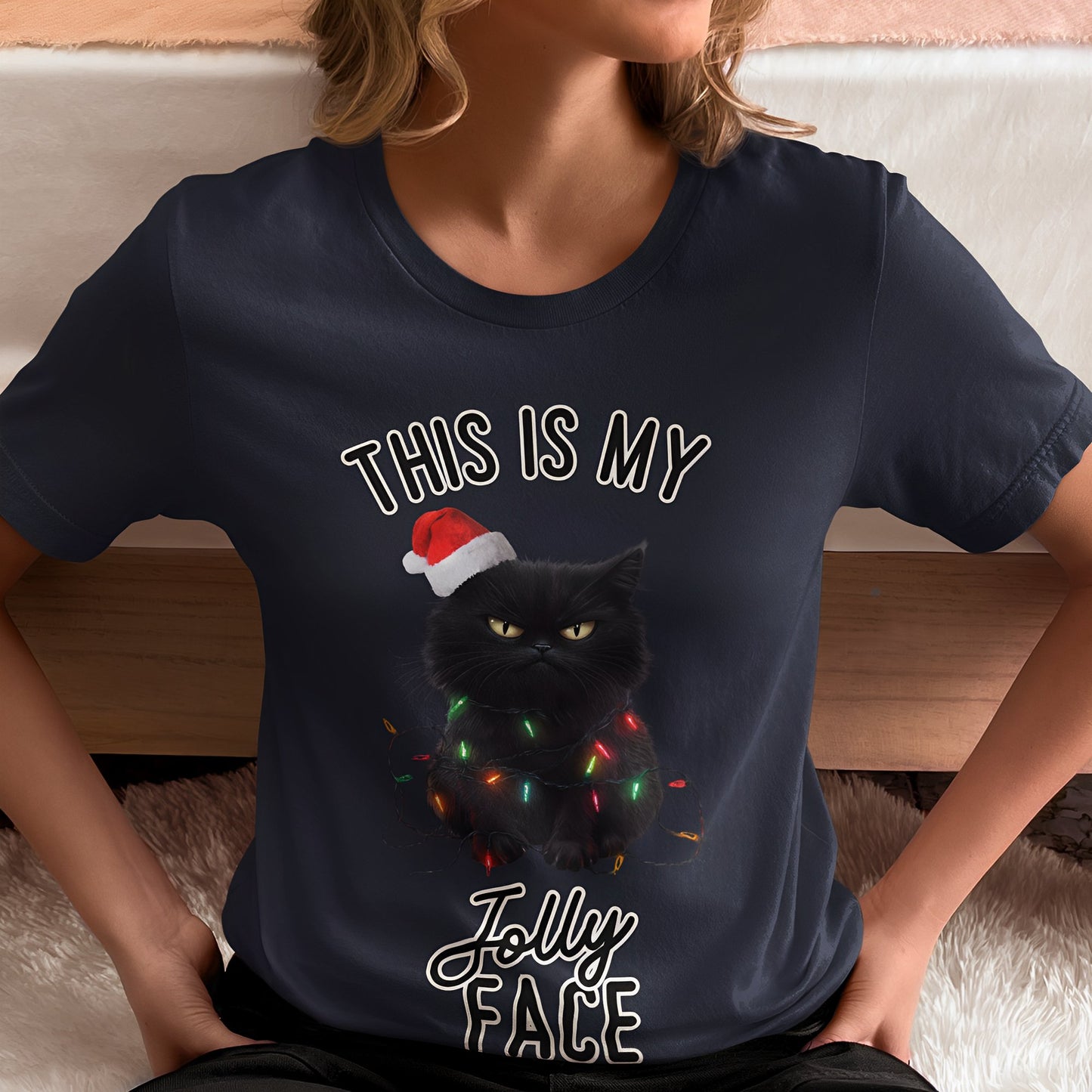 Funny Black Cat Christmas T-Shirt - This Is My Jolly Face - Boo and Bewear