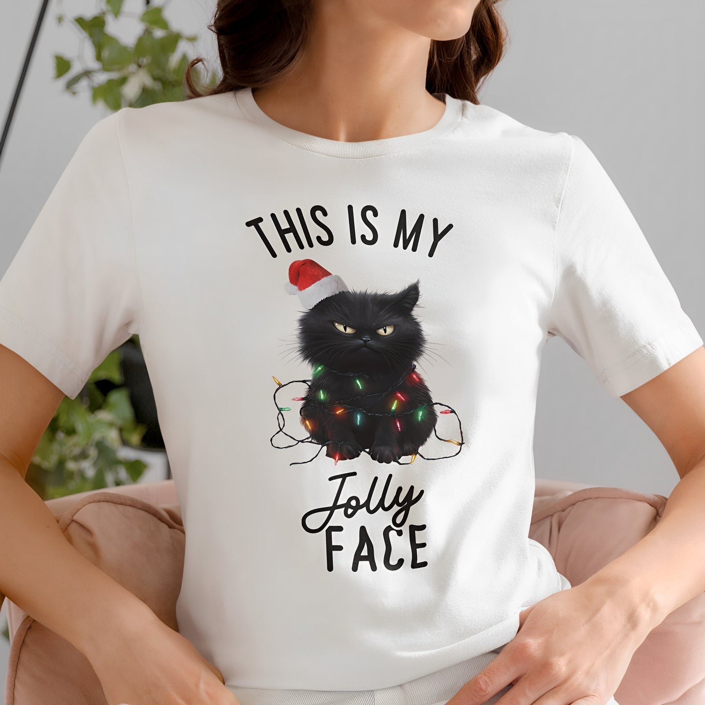 Funny Black Cat Christmas T-Shirt - This Is My Jolly Face - Boo and Bewear