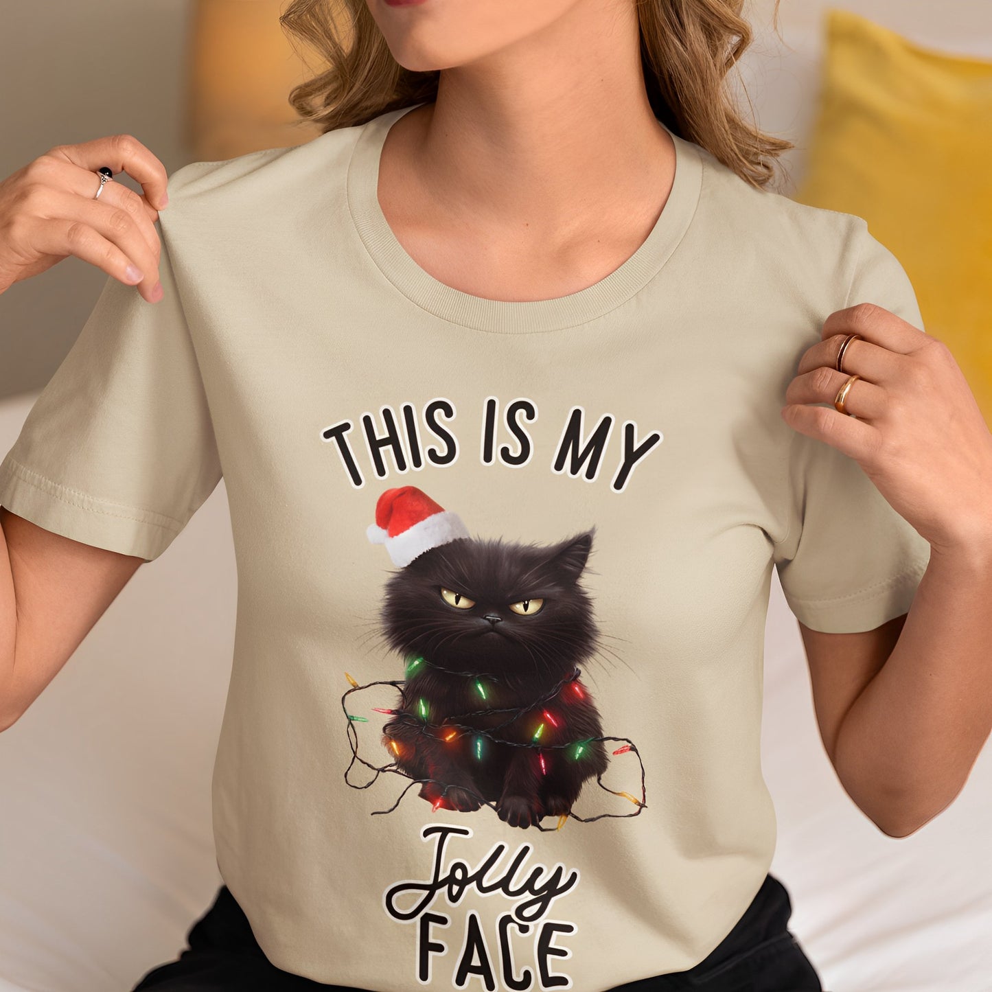 Funny Black Cat Christmas T-Shirt - This Is My Jolly Face - Boo and Bewear