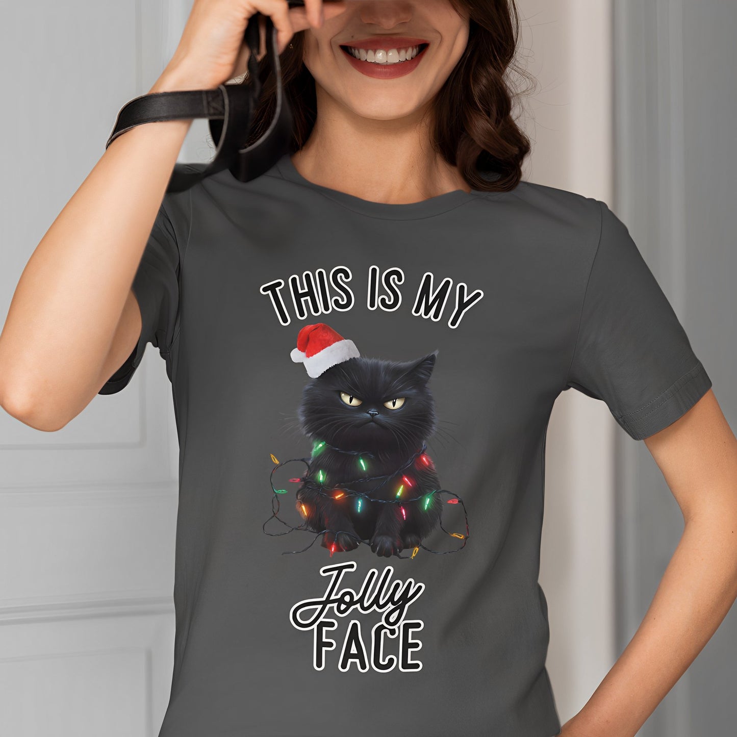 Funny Black Cat Christmas T-Shirt - This Is My Jolly Face - Boo and Bewear
