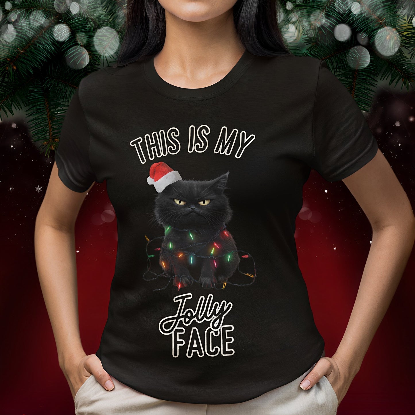 Funny Black Cat Christmas T-Shirt - This Is My Jolly Face - Boo and Bewear