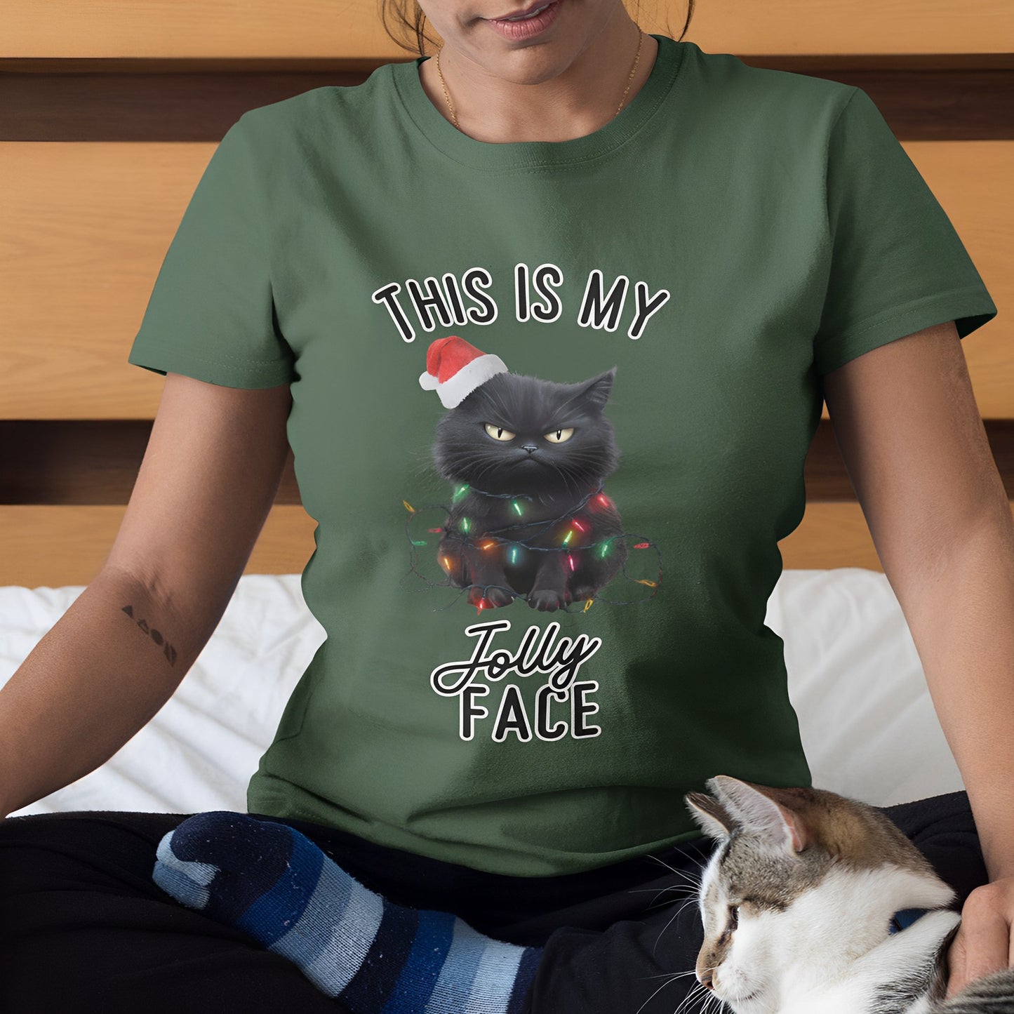 Funny Black Cat Christmas T-Shirt - This Is My Jolly Face - Boo and Bewear