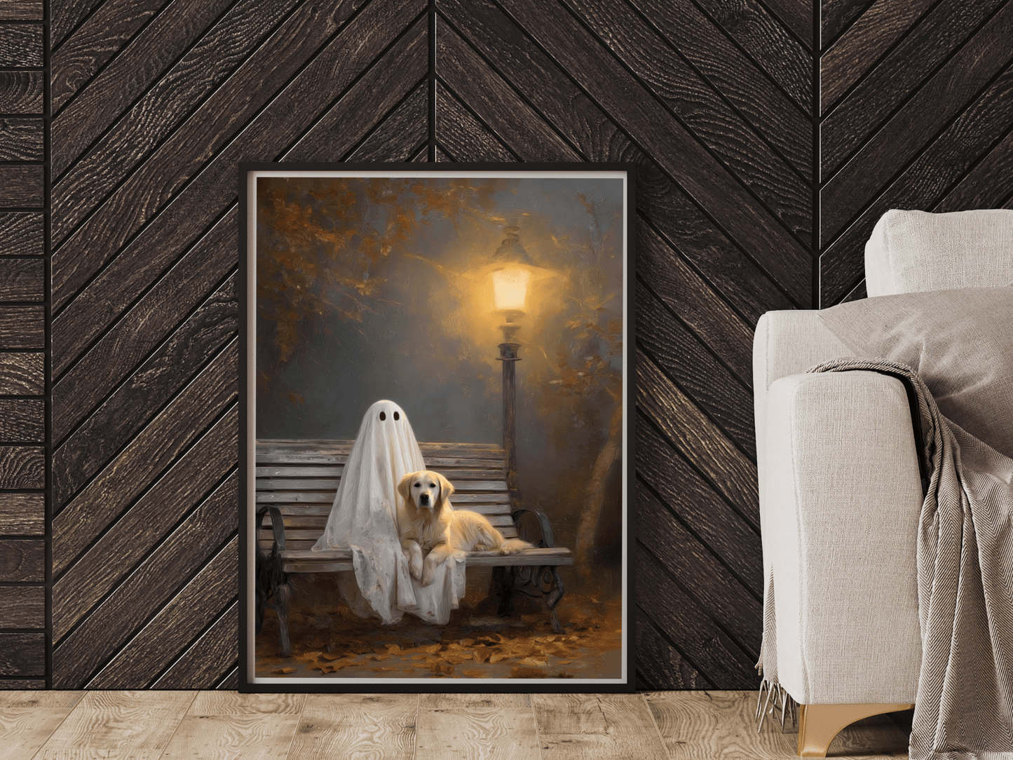 Ghost and Golden Retriever Painting, Cute Halloween Wall Art Print, Ghost & Doodle Art, Dog Lover Gift