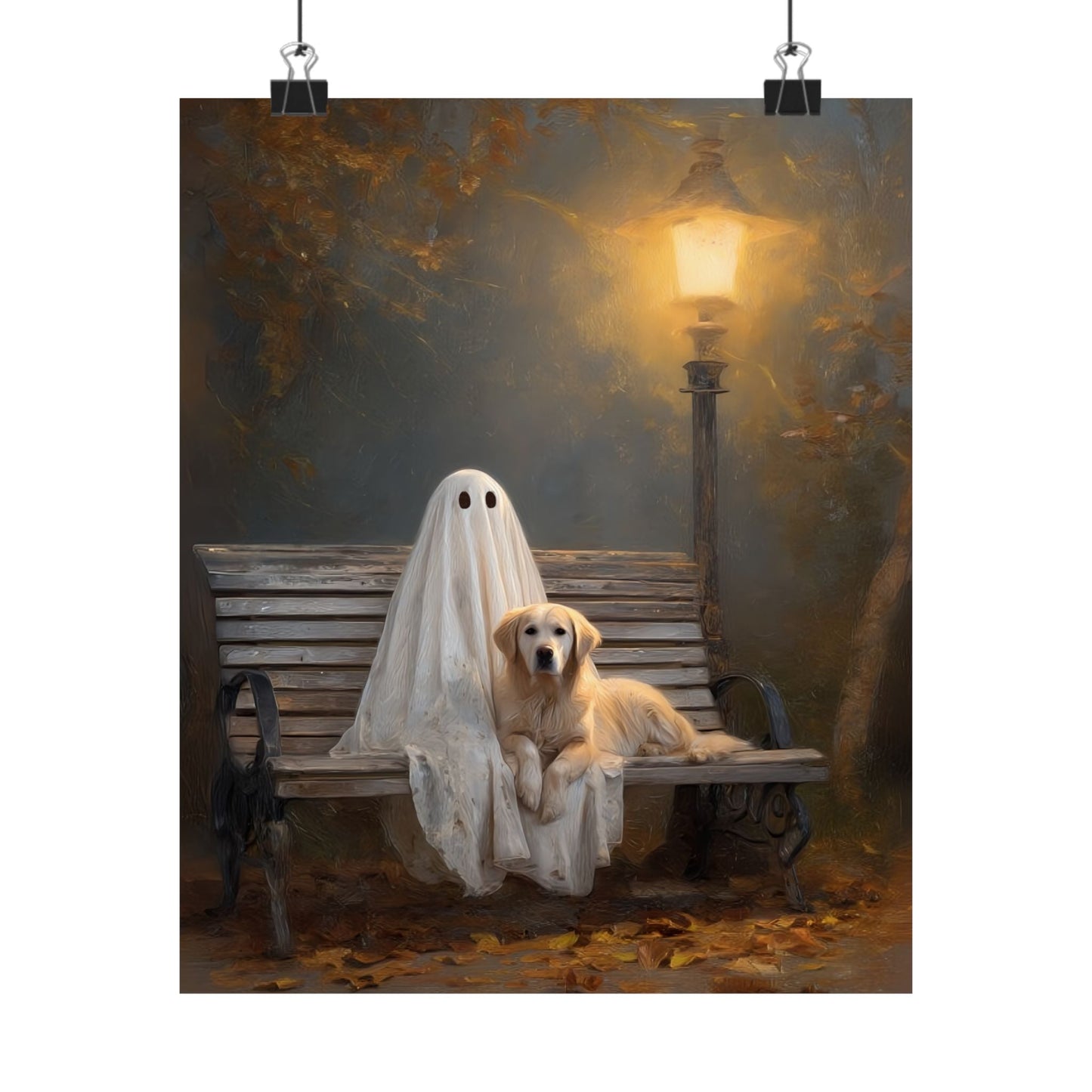 Ghost and Golden Retriever Painting, Cute Halloween Wall Art Print, Ghost & Doodle Art, Dog Lover Gift