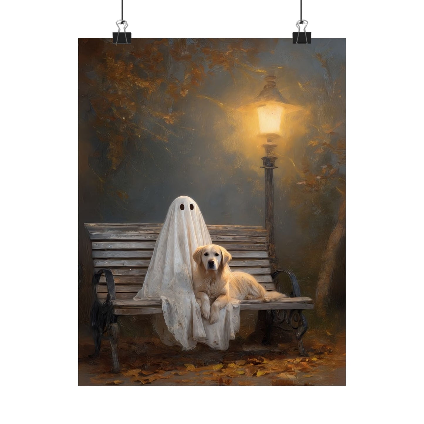 Ghost and Golden Retriever Painting, Cute Halloween Wall Art Print, Ghost & Doodle Art, Dog Lover Gift
