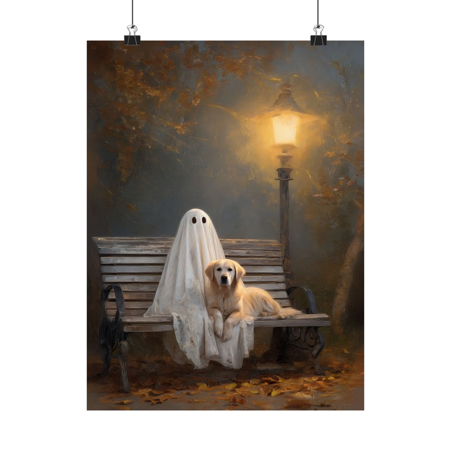 Ghost and Golden Retriever Painting, Cute Halloween Wall Art Print, Ghost & Doodle Art, Dog Lover Gift