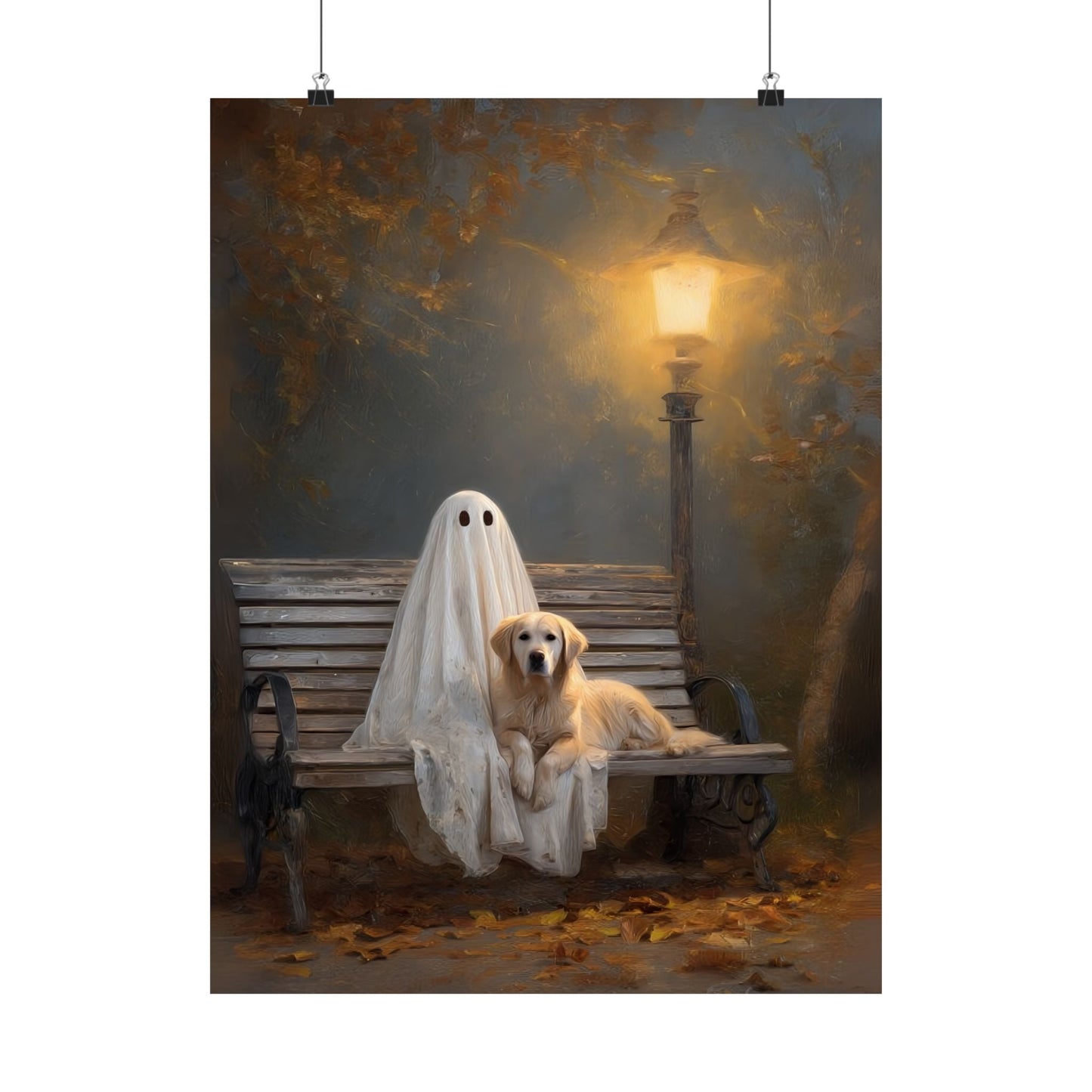 Ghost and Golden Retriever Painting, Cute Halloween Wall Art Print, Ghost & Doodle Art, Dog Lover Gift