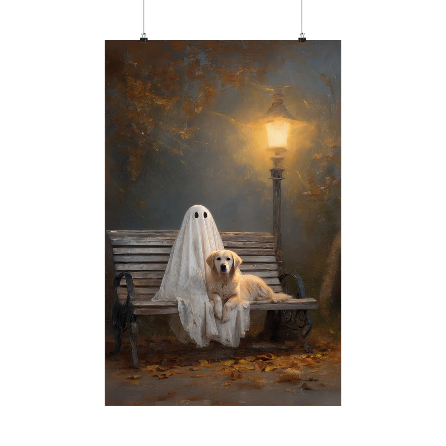Ghost and Golden Retriever Painting, Cute Halloween Wall Art Print, Ghost & Doodle Art, Dog Lover Gift
