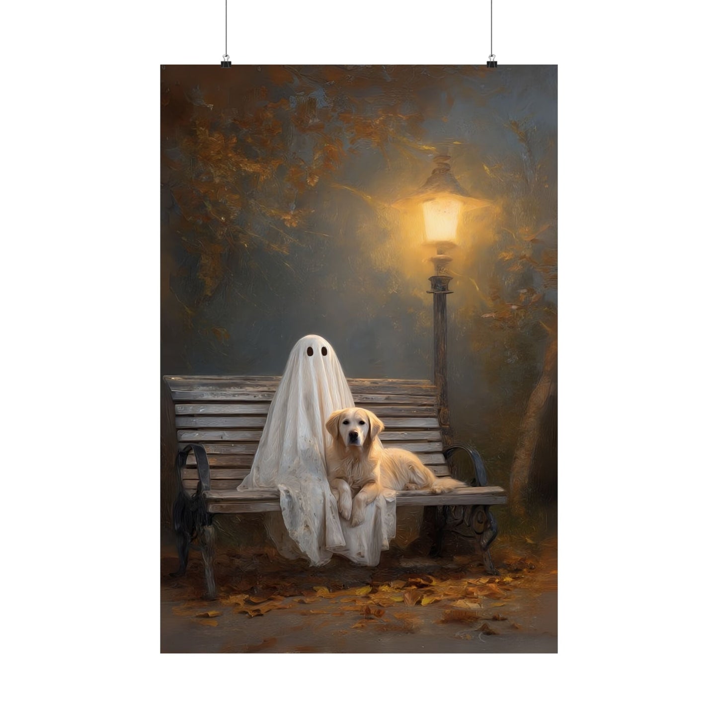 Ghost and Golden Retriever Painting, Cute Halloween Wall Art Print, Ghost & Doodle Art, Dog Lover Gift