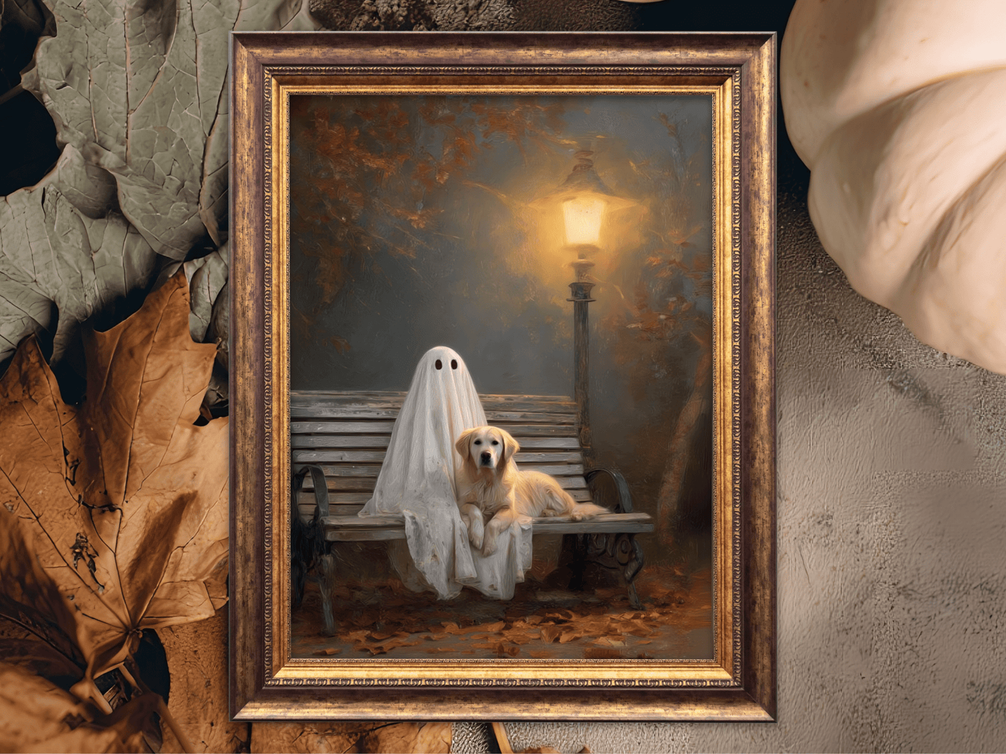 Ghost and Golden Retriever Painting, Cute Halloween Wall Art Print, Ghost & Doodle Art, Dog Lover Gift