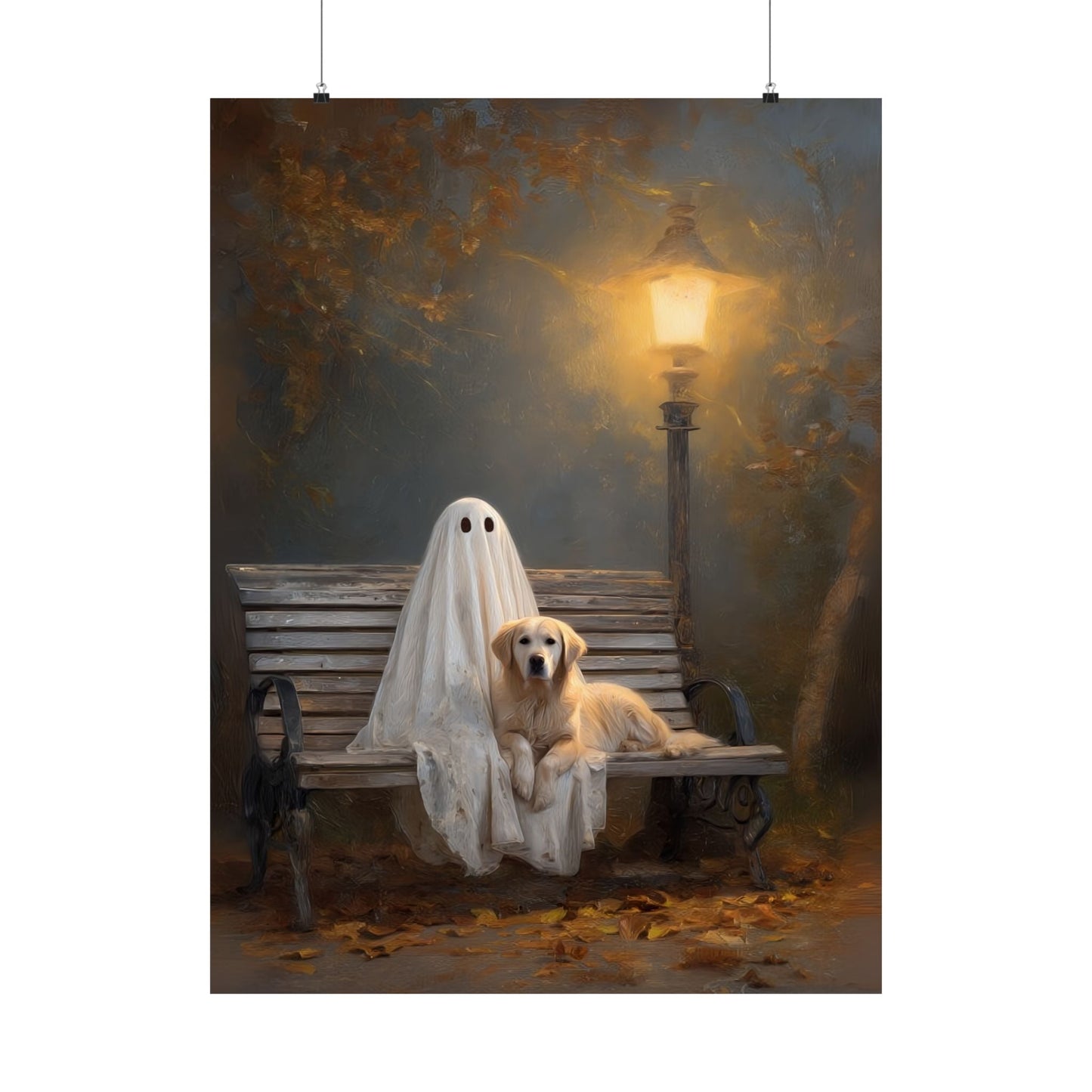 Ghost and Golden Retriever Painting, Cute Halloween Wall Art Print, Ghost & Doodle Art, Dog Lover Gift