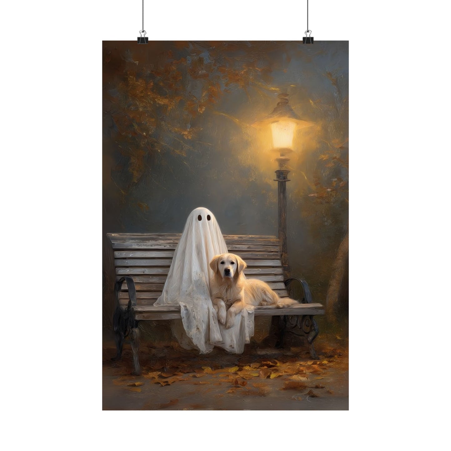 Ghost and Golden Retriever Painting, Cute Halloween Wall Art Print, Ghost & Doodle Art, Dog Lover Gift