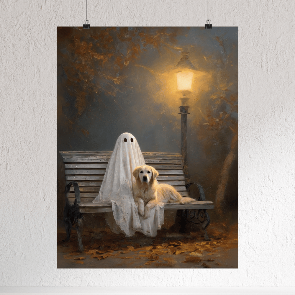 Ghost and Golden Retriever Painting, Cute Halloween Wall Art Print, Ghost & Doodle Art, Dog Lover Gift