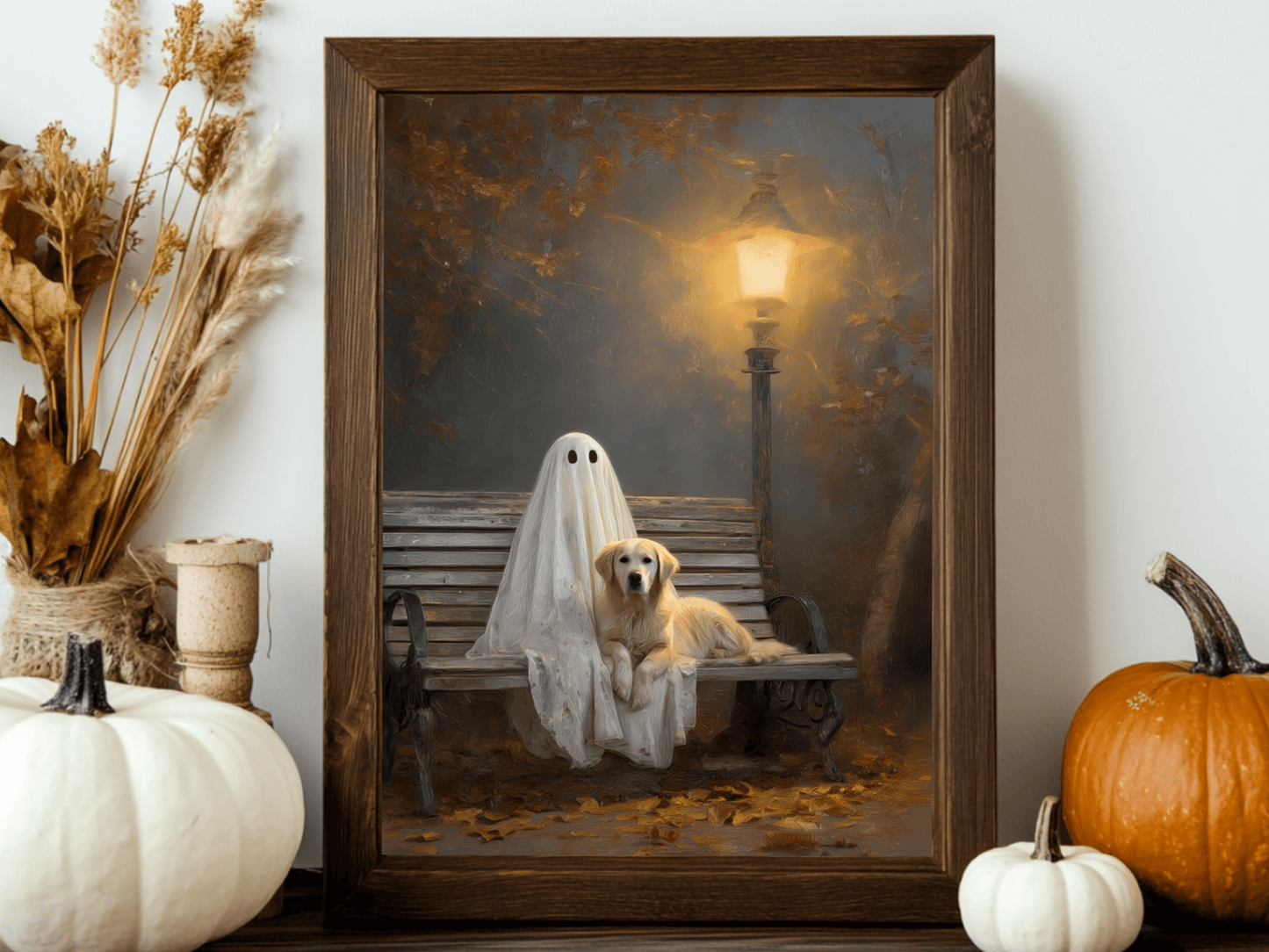 Ghost and Golden Retriever Painting, Cute Halloween Wall Art Print, Ghost & Doodle Art, Dog Lover Gift