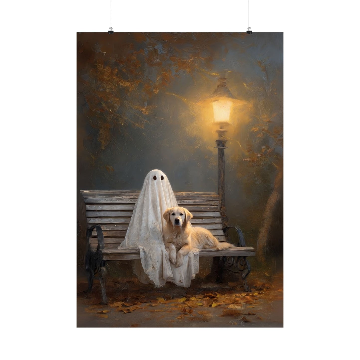 Ghost and Golden Retriever Painting, Cute Halloween Wall Art Print, Ghost & Doodle Art, Dog Lover Gift