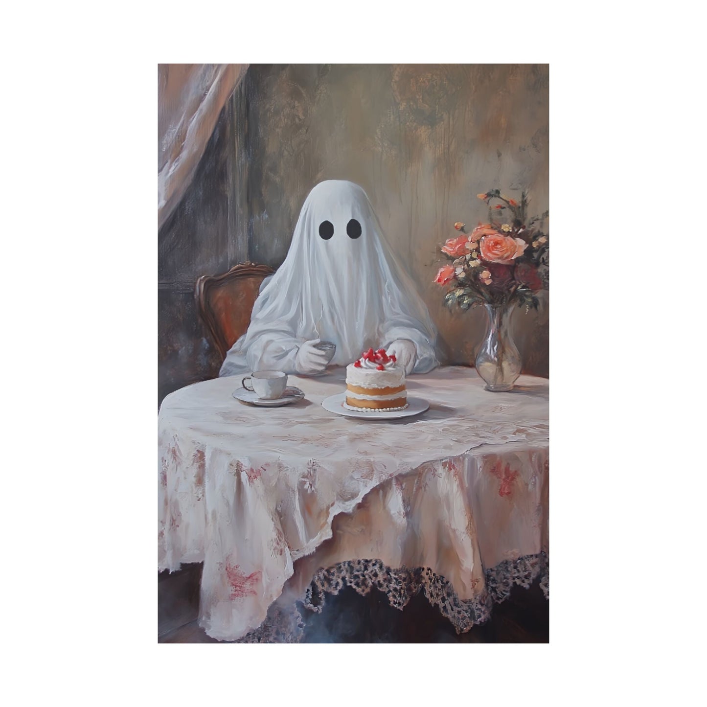 Ghost Drinking Coffee Wall Art Print - Cute & Spooky Vintage Victorian Painting - Ghostly Halloween Cafe Poster