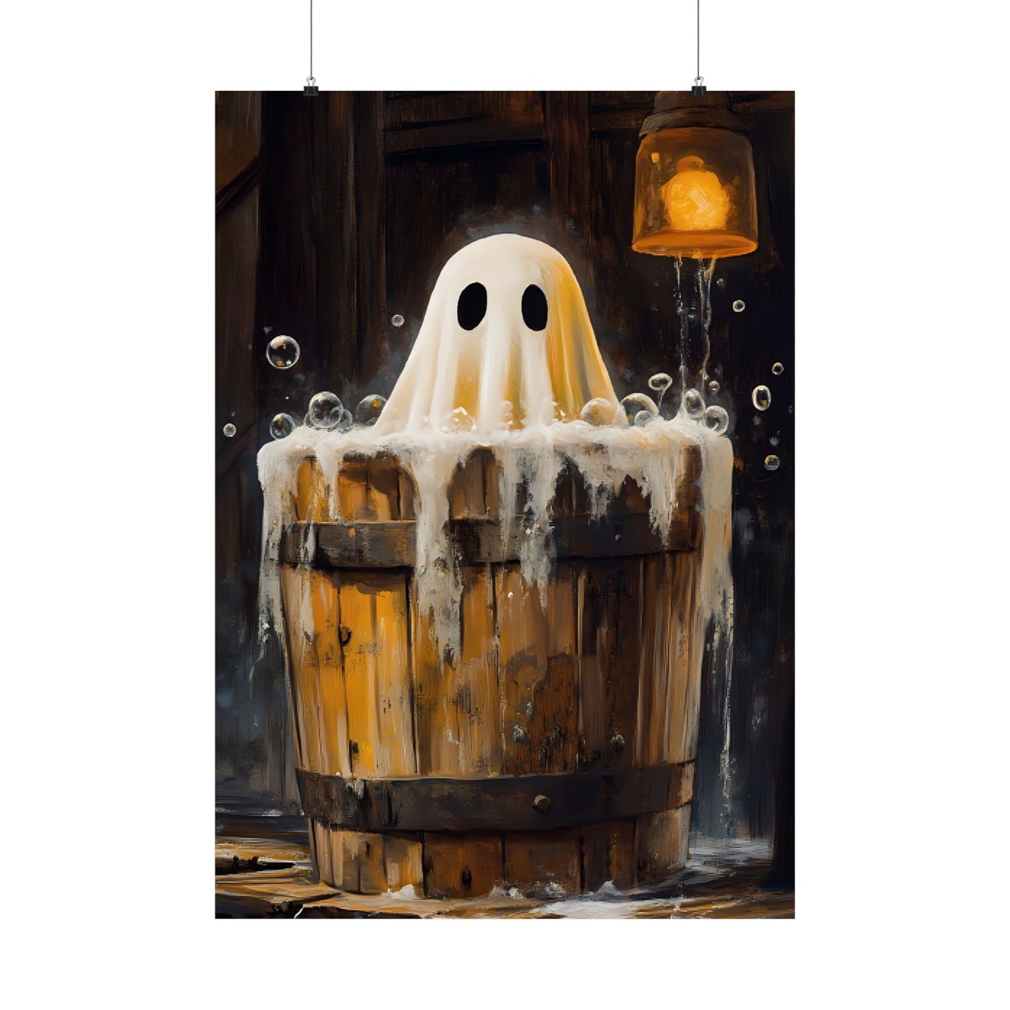 Ghost in Bath Art Print β Vintage Halloween Poster for Bathroom β Cute and Spooky Ghost Painting