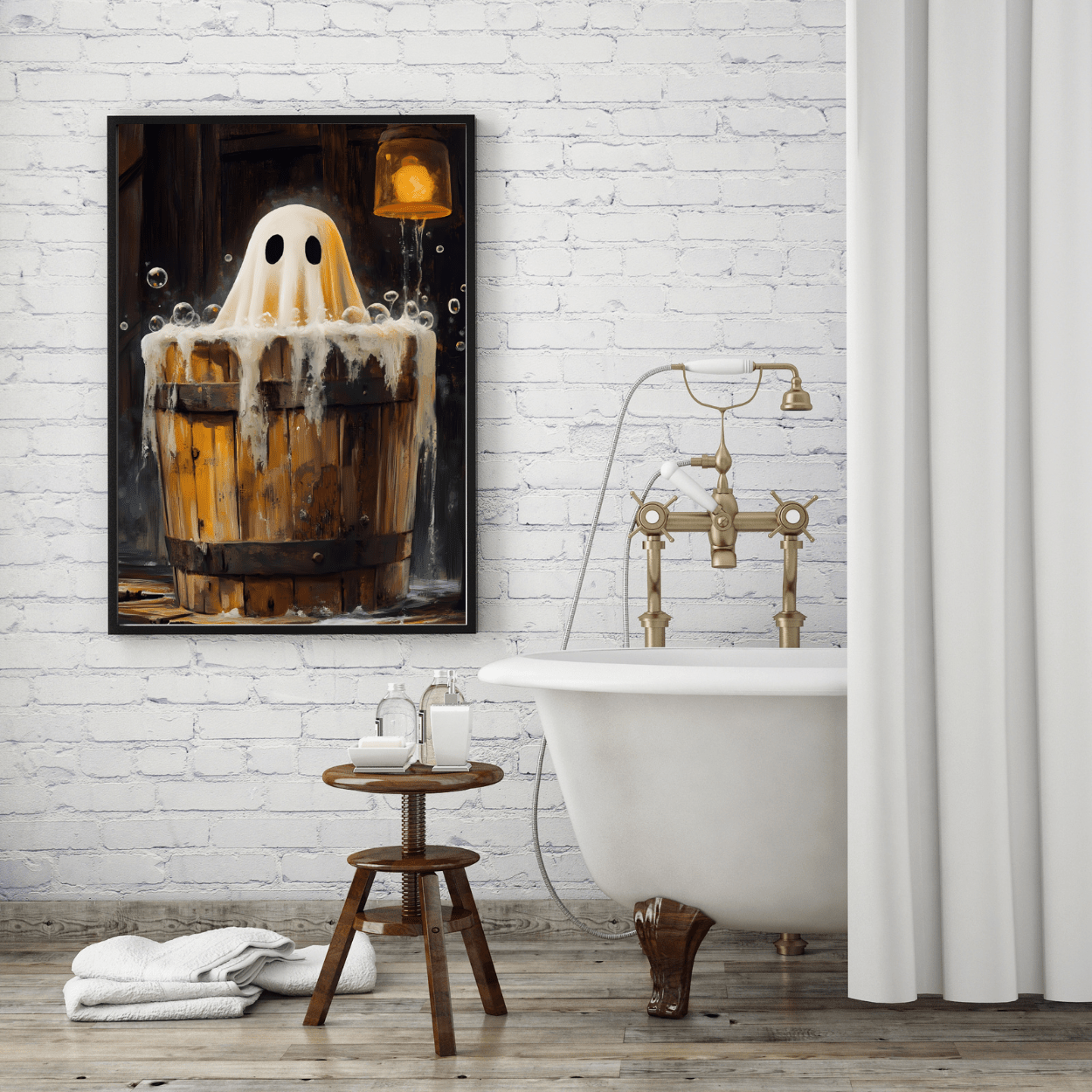 Ghost in Bath Art Print β Vintage Halloween Poster for Bathroom β Cute and Spooky Ghost Painting