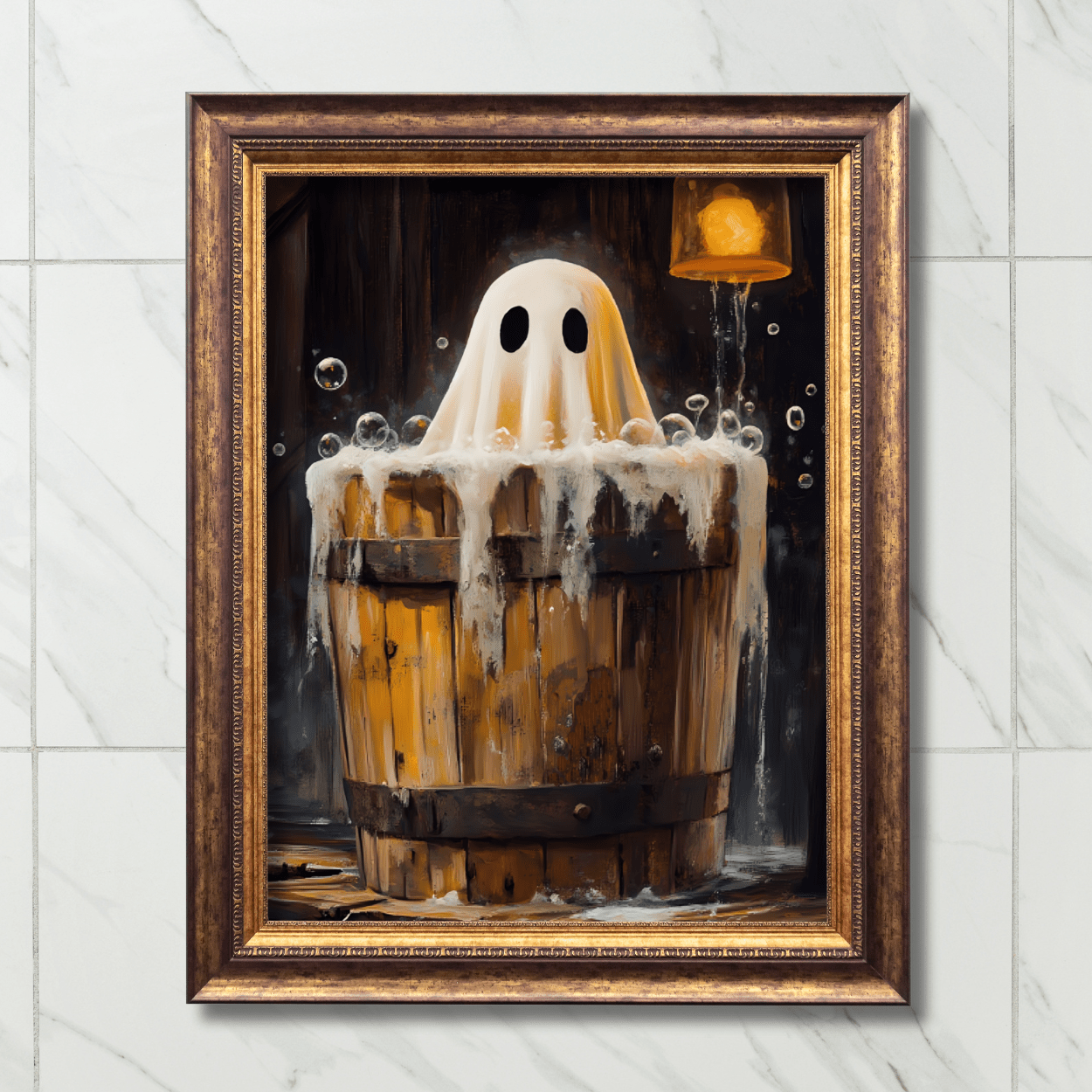 Ghost in Bath Art Print β Vintage Halloween Poster for Bathroom β Cute and Spooky Ghost Painting - Boo and Bewear