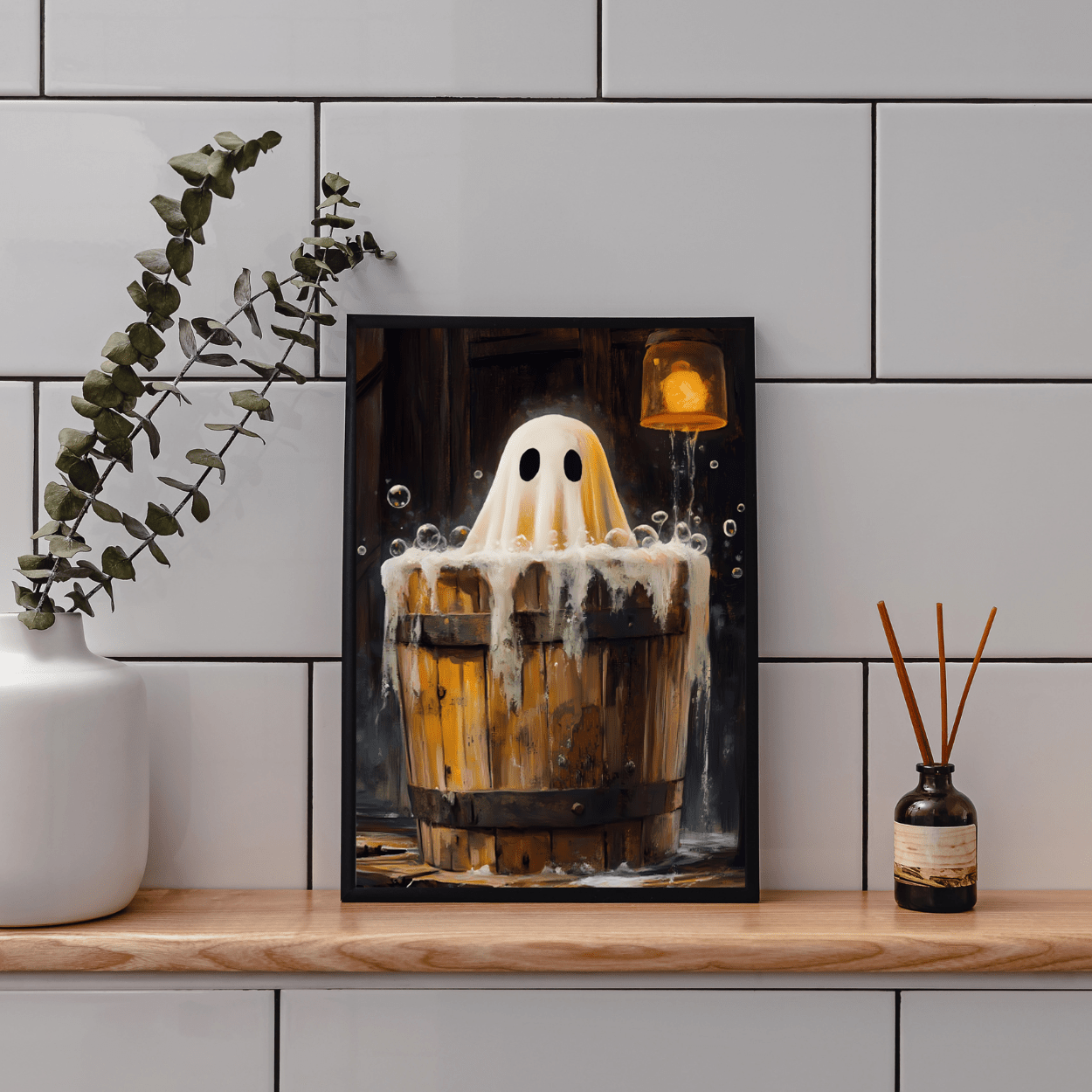 Ghost in Bath Art Print β Vintage Halloween Poster for Bathroom β Cute and Spooky Ghost Painting