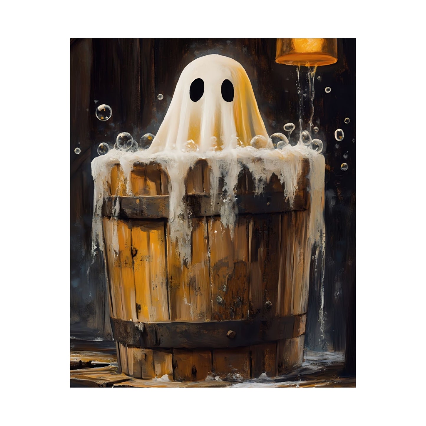 Ghost in Bath Art Print β Vintage Halloween Poster for Bathroom β Cute and Spooky Ghost Painting