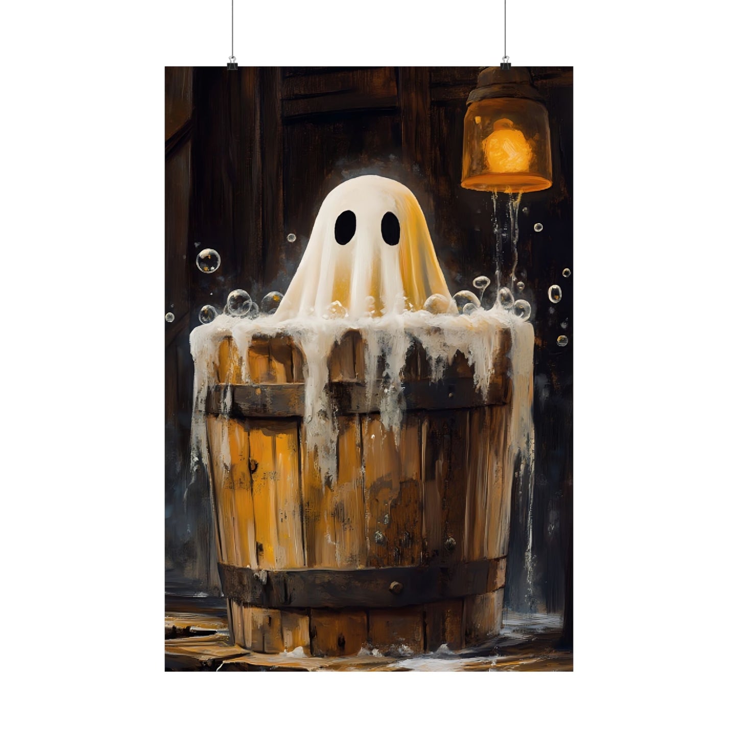 Ghost in Bath Art Print β Vintage Halloween Poster for Bathroom β Cute and Spooky Ghost Painting