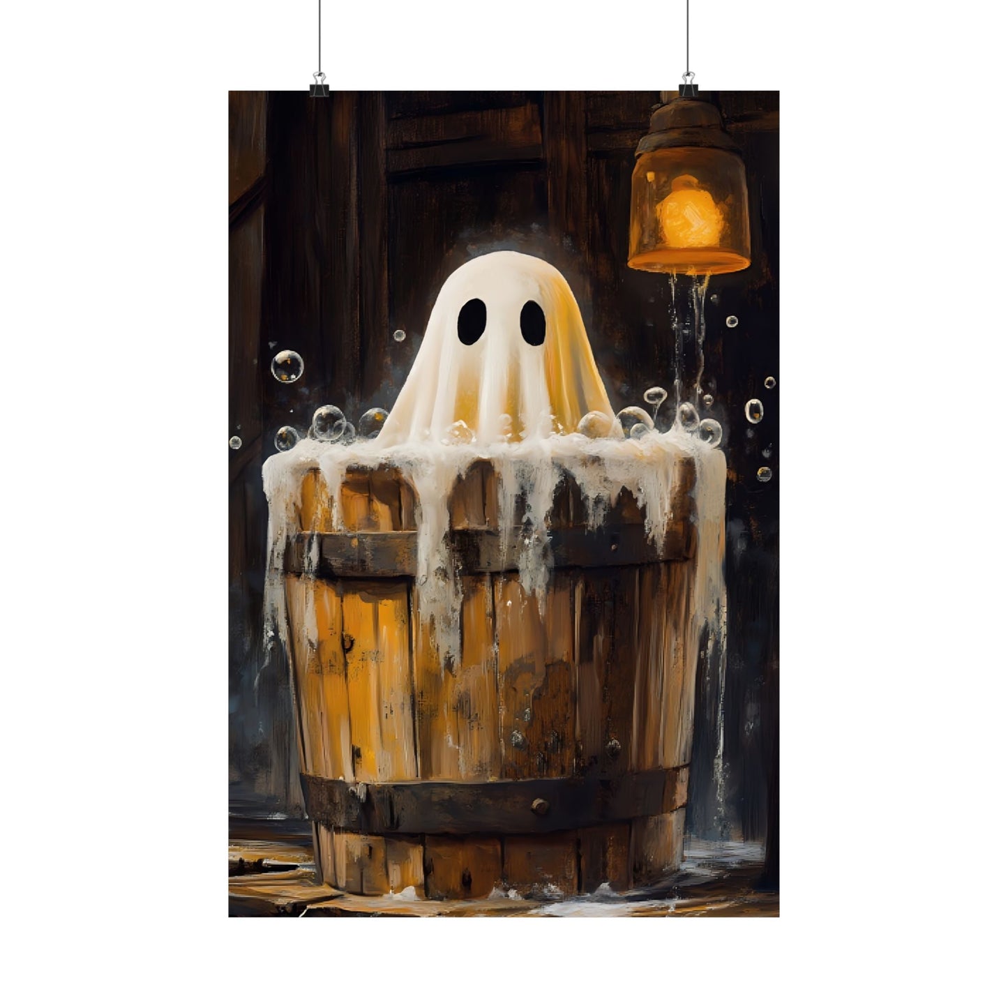 Ghost in Bath Art Print β Vintage Halloween Poster for Bathroom β Cute and Spooky Ghost Painting