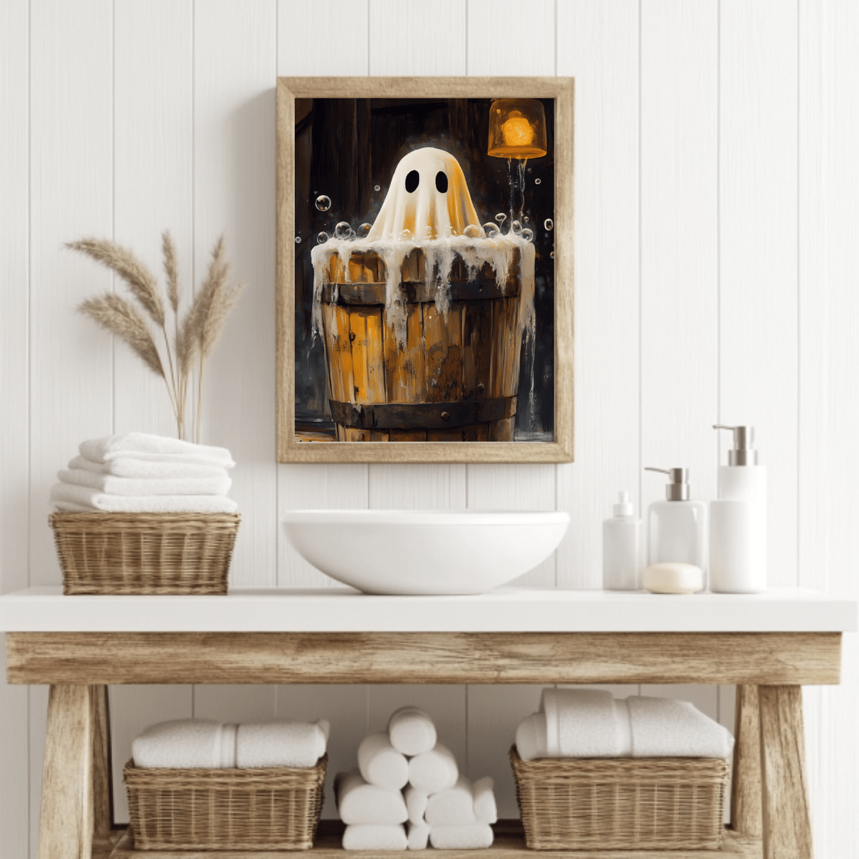 Ghost in Bath Art Print β Vintage Halloween Poster for Bathroom β Cute and Spooky Ghost Painting