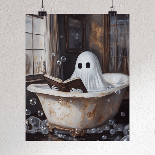 Ghost Reading in Bathtub Wall Art Print - Bookish Halloween Painting - Vintage Dark Academia Poster for Book Lovers - Boo and Bewear